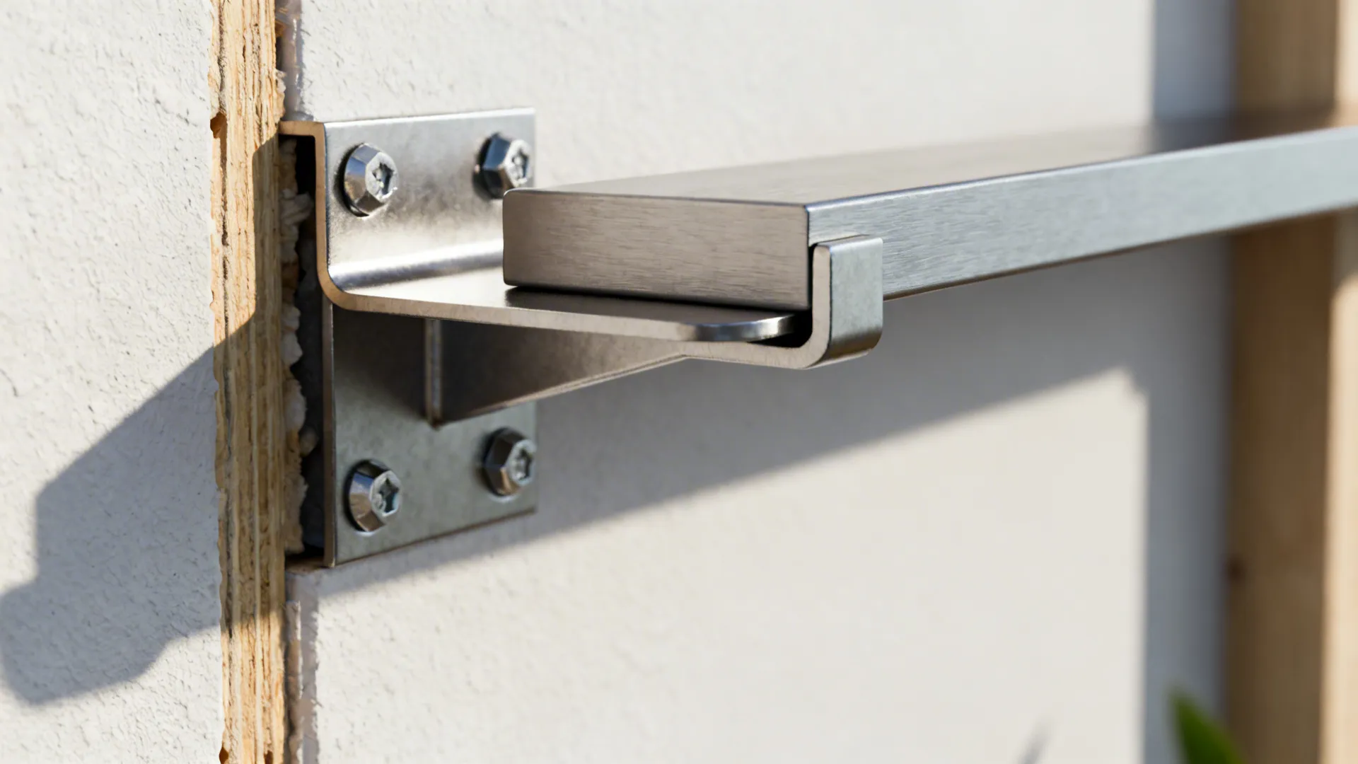 Concealed steel bracket fastened into a wall stud supporting a floating breakfast bar.