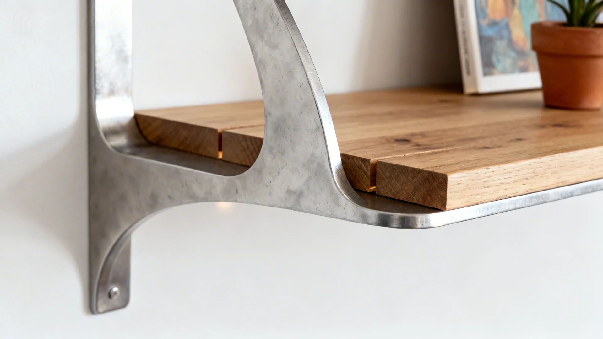 Macro of a sculptural metal bracket and shallow oak shelf with crisp joinery.