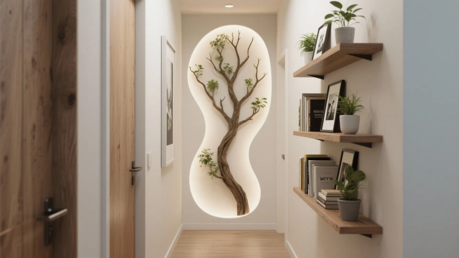 Modern narrow hallway with wooden floating wall shelves holding books and green plants in white pots