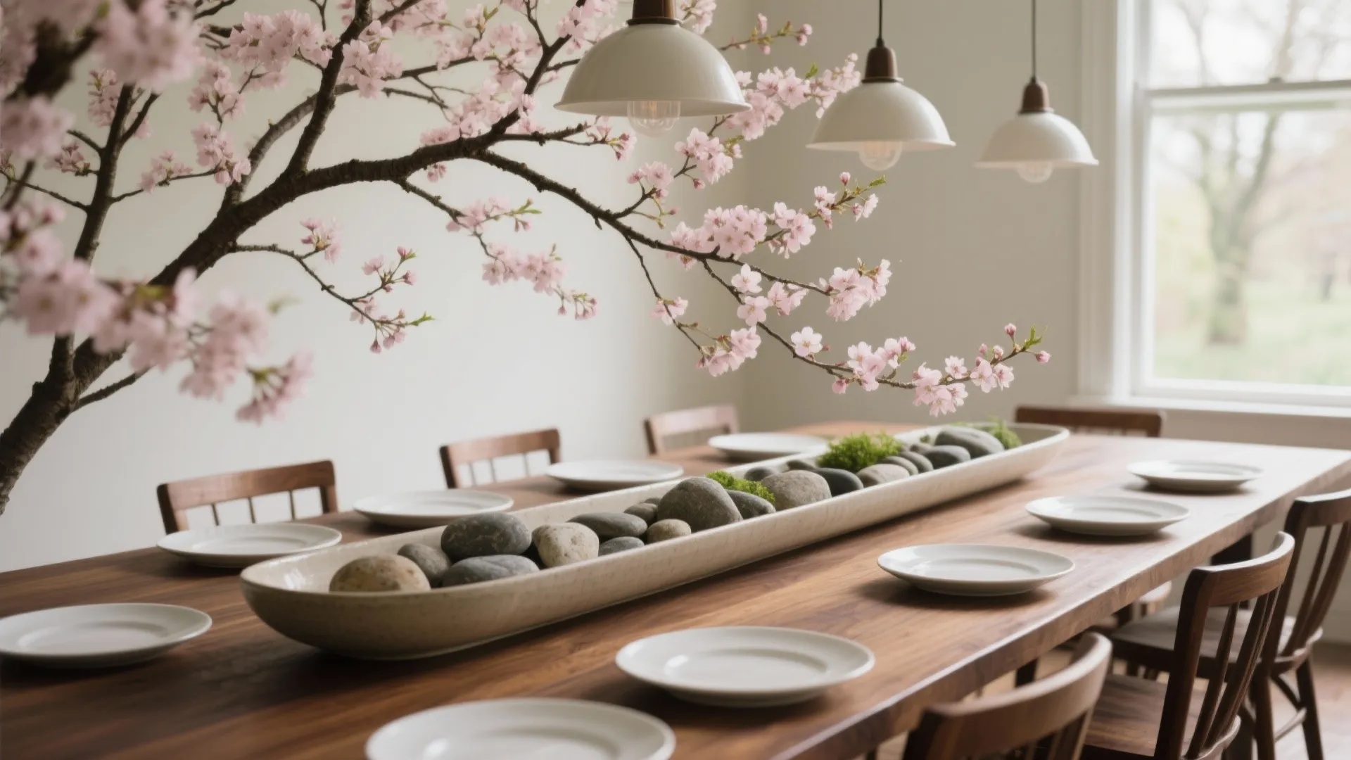 Wooden dining table decorated with cherry blossom branches and a stone centerpiece in a bowl