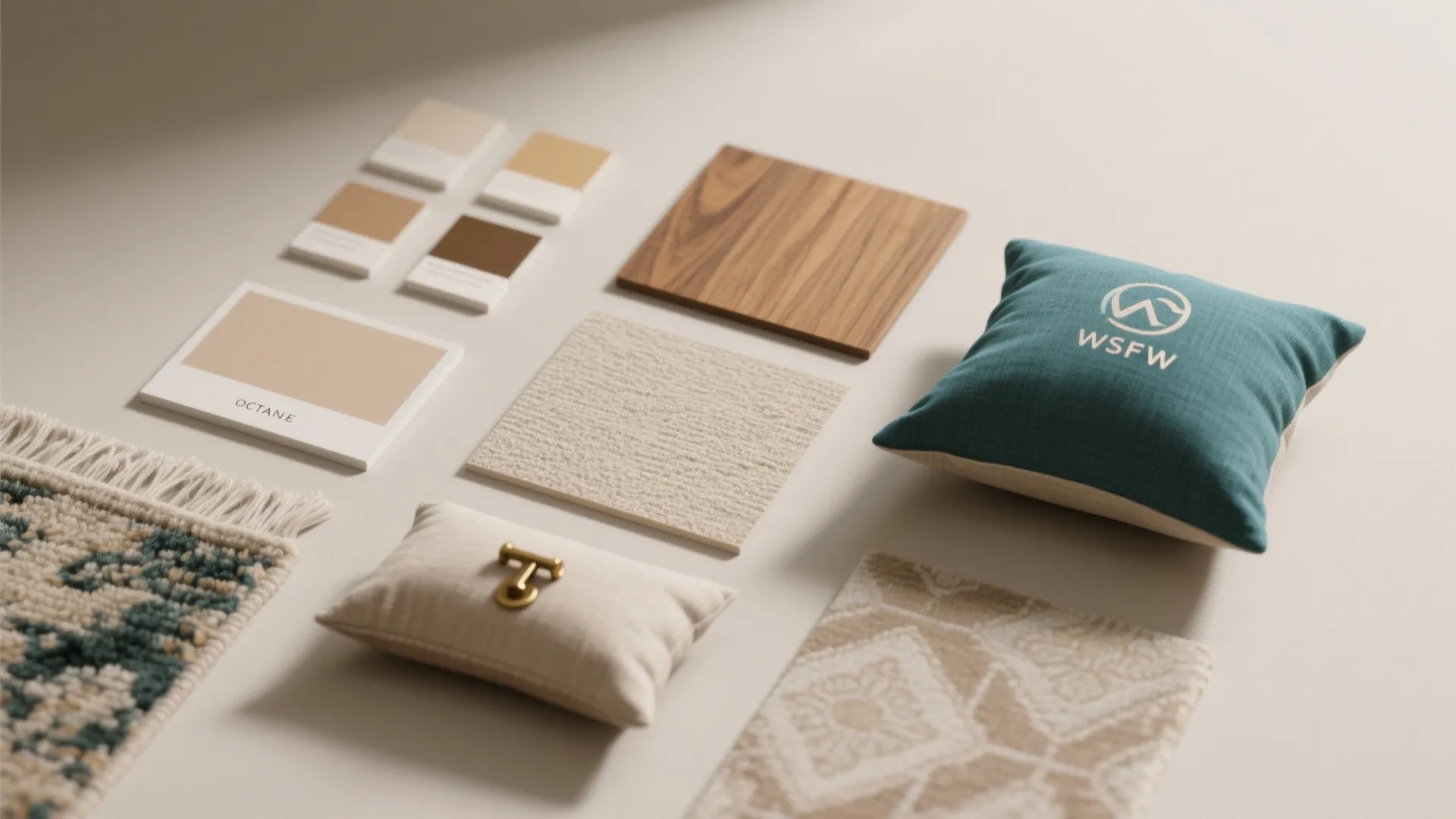 Interior design material board with color swatches wood tiles fabric samples and small decorative blue pillow