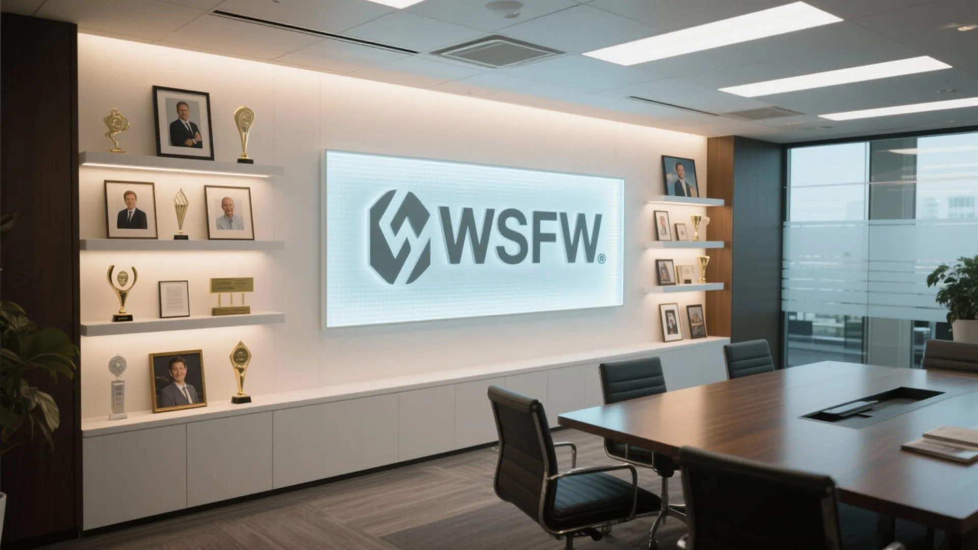 Conference room with wooden table and black chairs featuring award trophies and photos on shelves