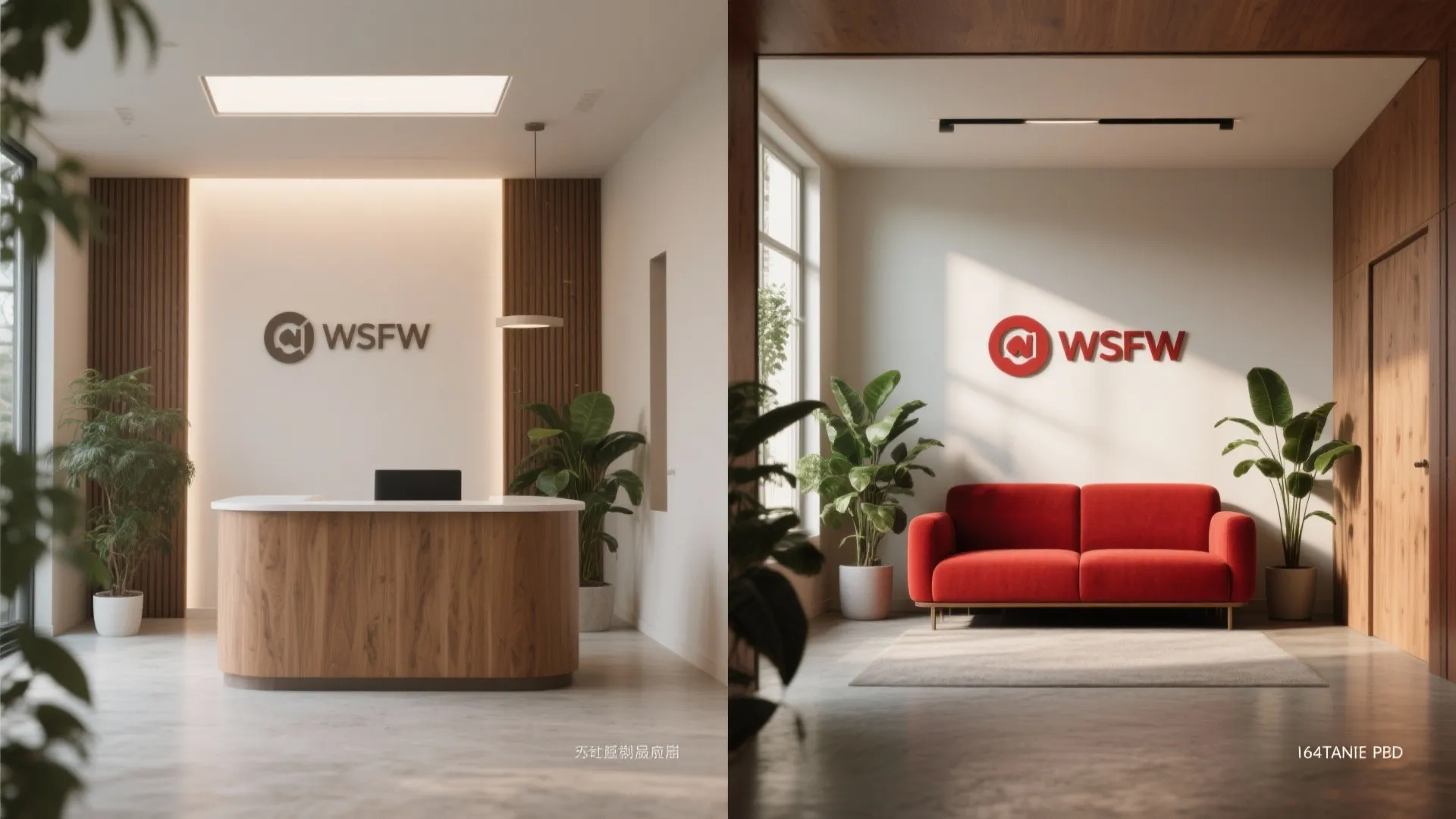 Before and after comparison showing a wood reception desk and a room with red sofa