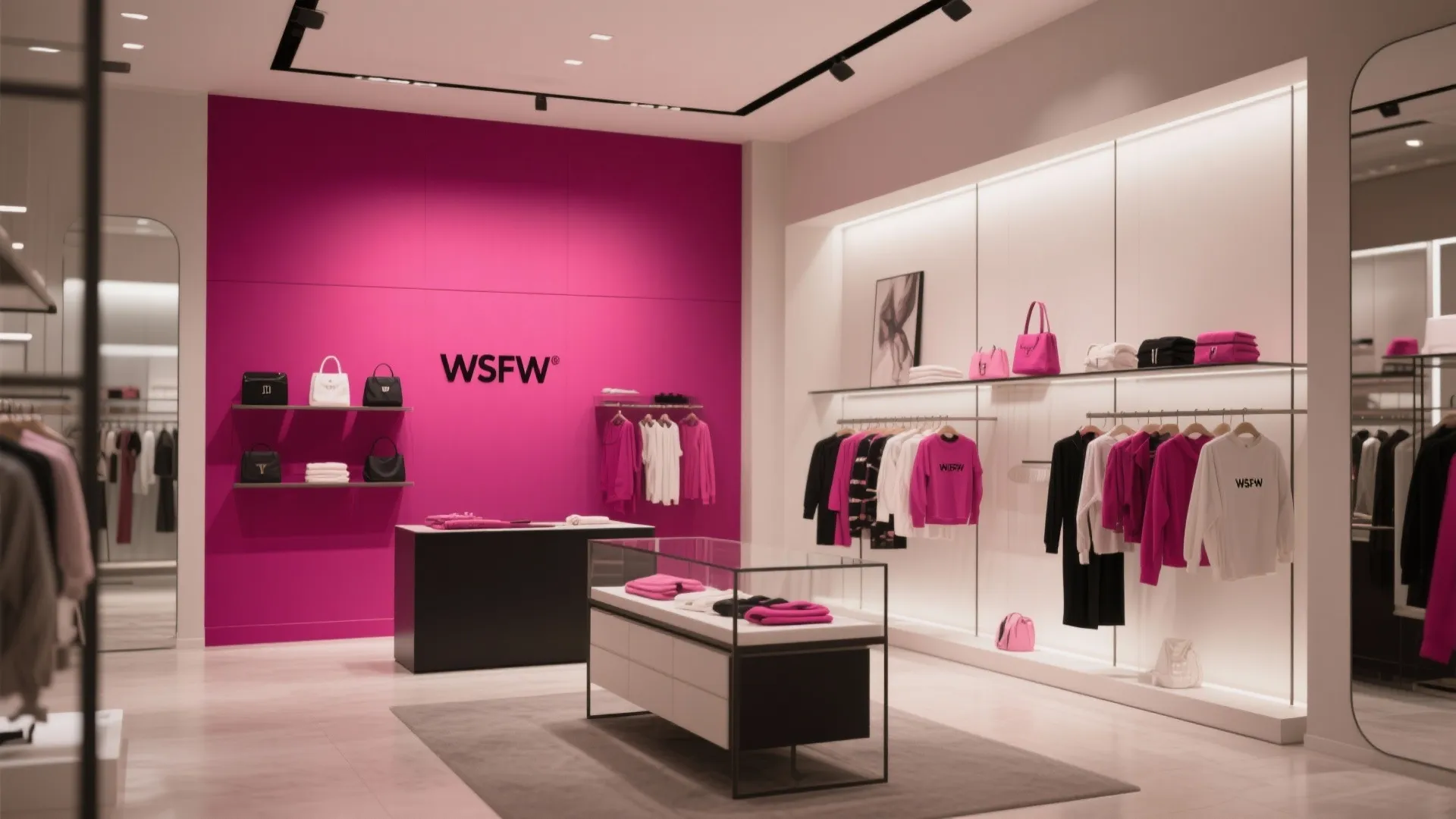 Fashion boutique interior with bright pink feature wall displaying bags plus white clothing racks and counters