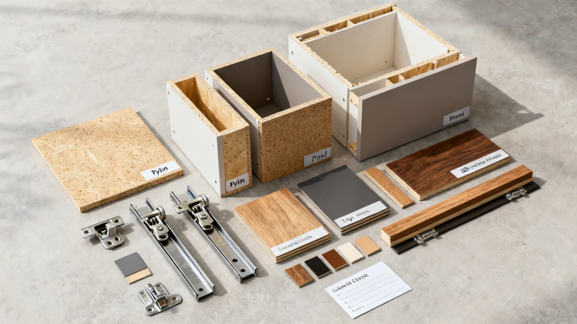 Flatlay of carcass samples, hinges, runners, edge-banding, and finish chips for brand comparison.