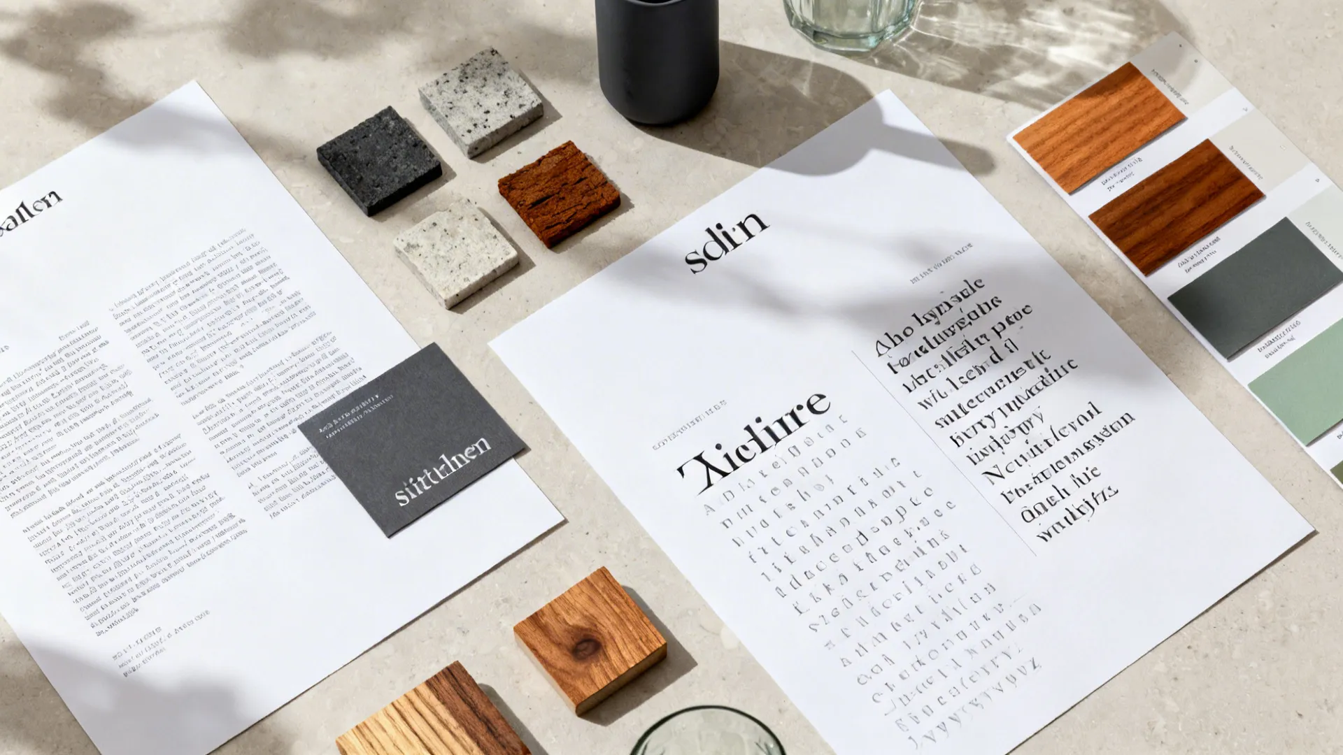 Flat lay showing wood samples stone tiles design documents and color palette cards on stone surface