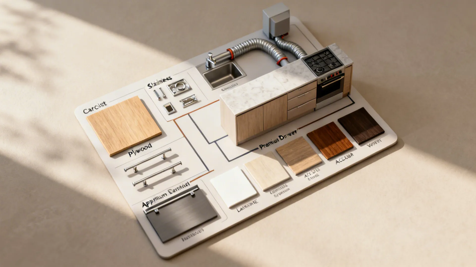 Top-down storyboard of materials, hardware, finishes, and ventilation for brand selection.