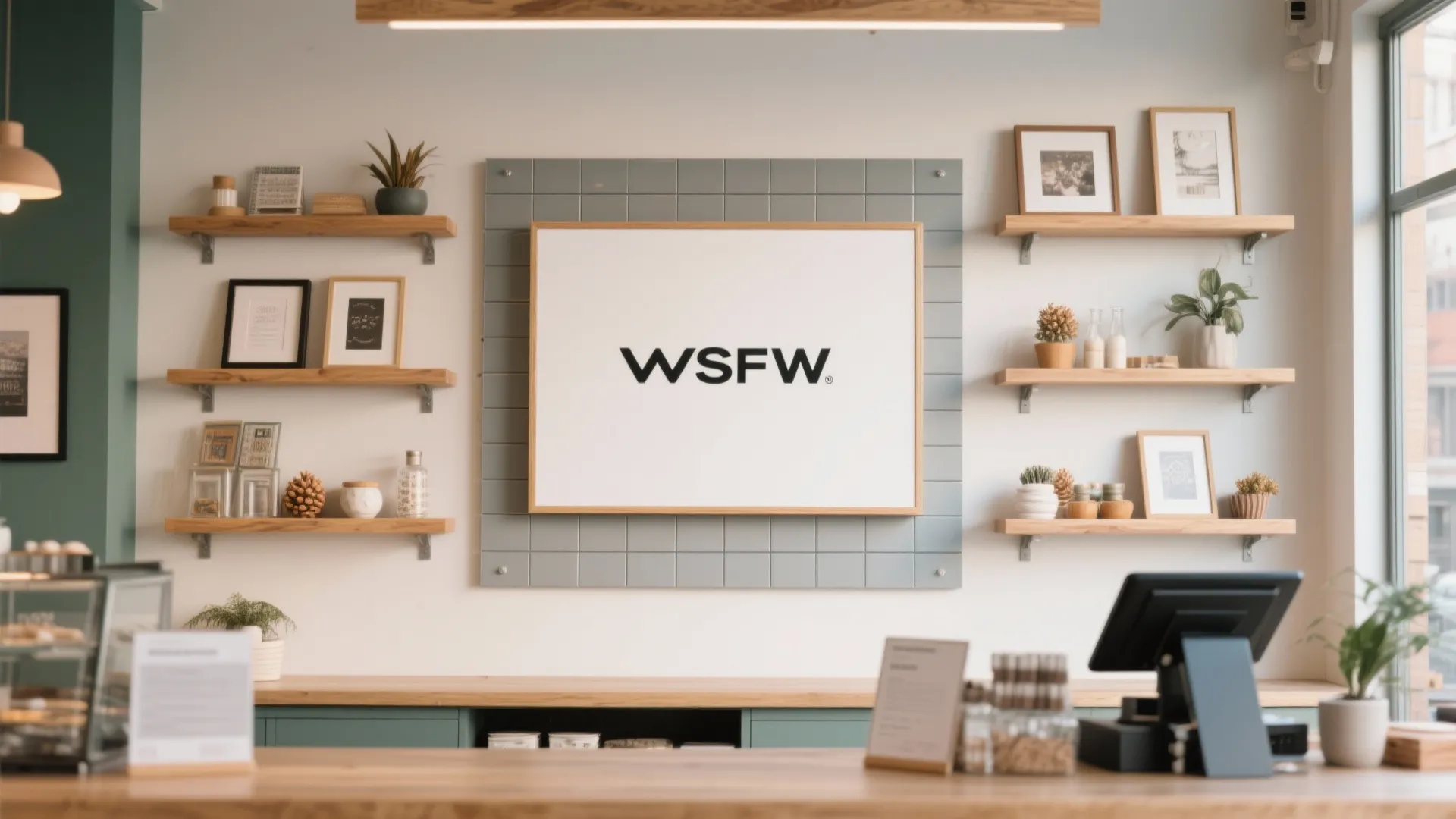 Interior shop wall featuring wooden shelves with framed pictures small plants and central logo display board