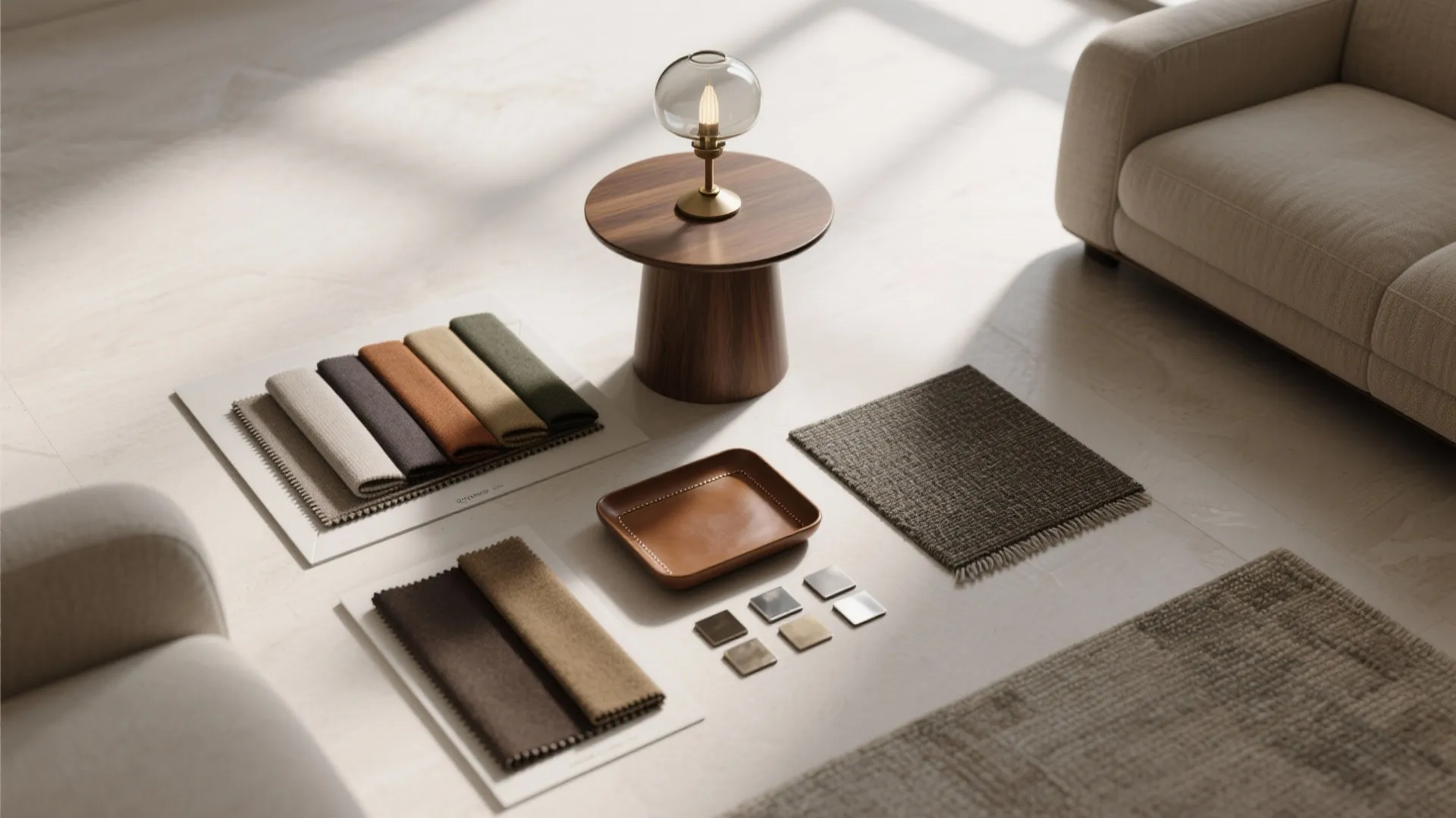 Top-down arrangement of samples and objects showing a cohesive mix of seating, lighting, textiles, and metal.