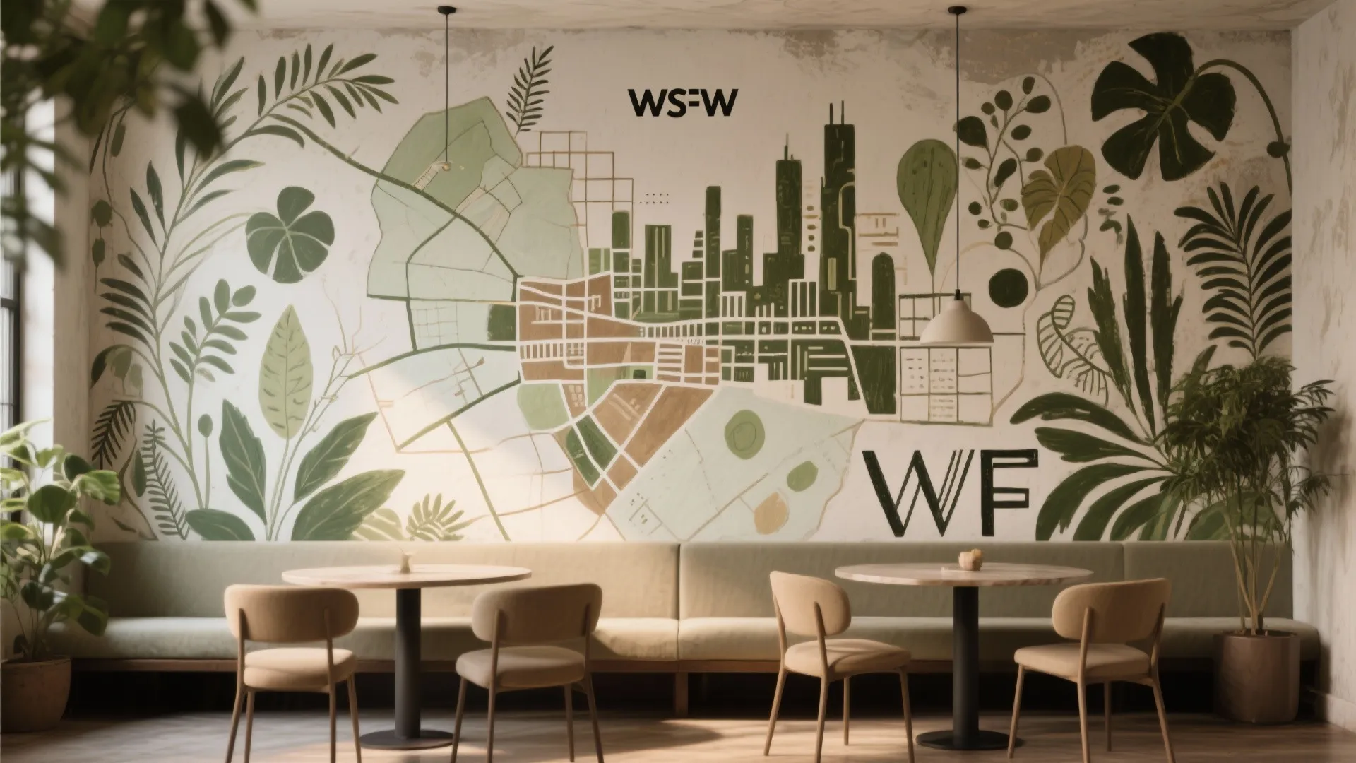 Cafe interior featuring large green plant mural wall with round tables and comfortable beige chairs