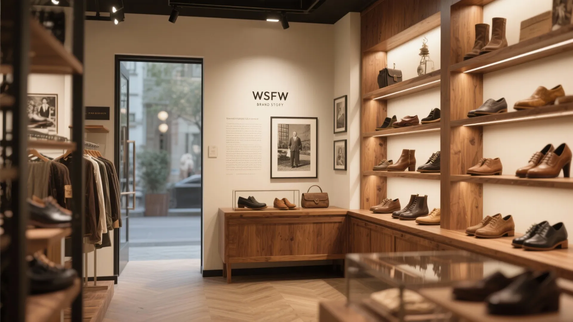 Retail store corner with wooden shelves leather shoes wall pictures and brand story text display