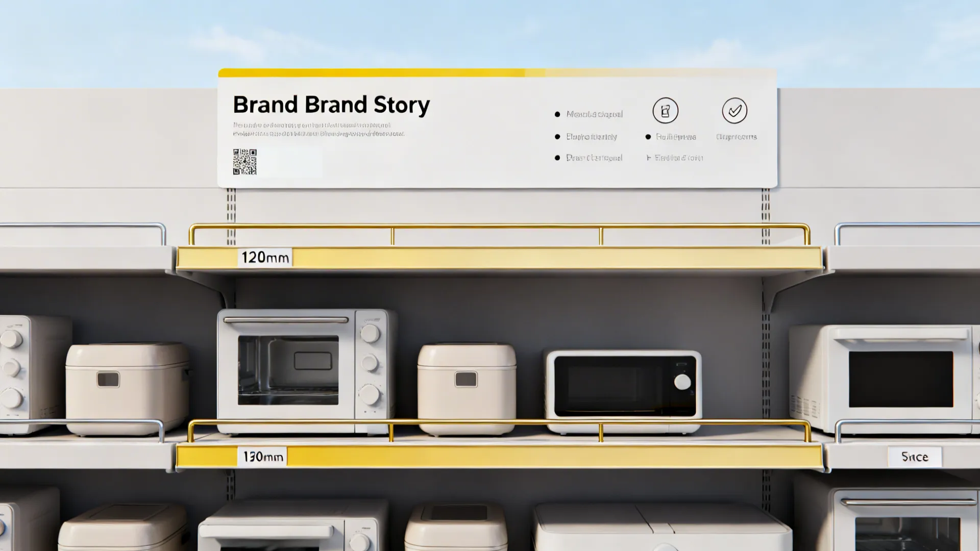 Clean brand strip and magnetic price rails on a minimalist appliance shelf.