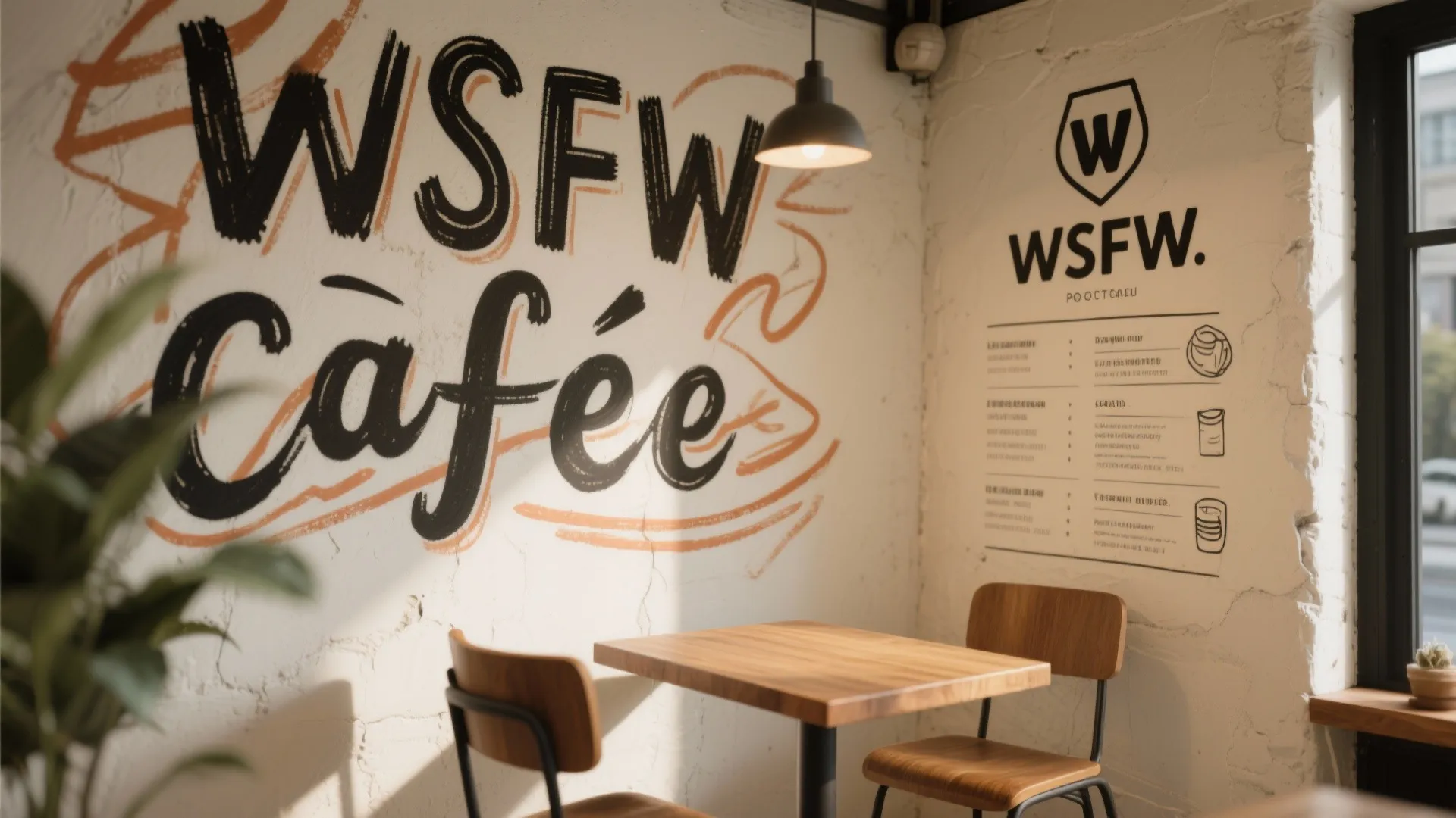 Cafe interior design featuring wall branding with wooden table and chairs under a hanging light