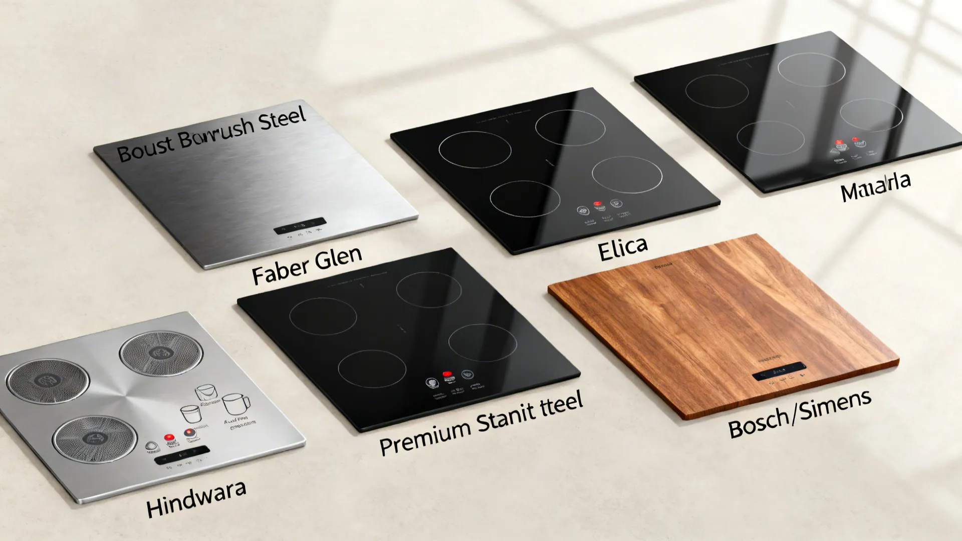 Flat lay of materials representing different chimney brand aesthetics and features.