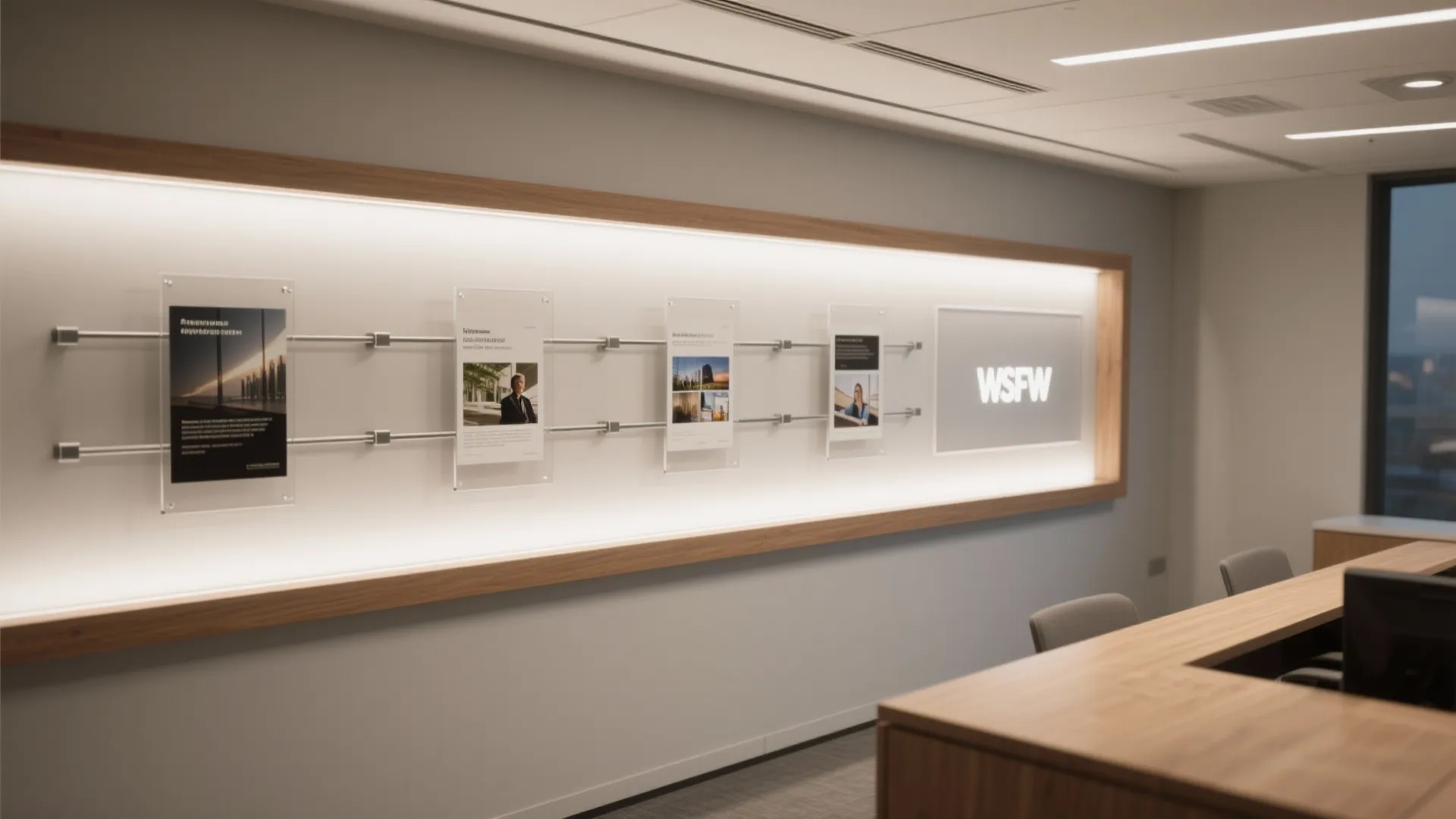 Corporate office wall displaying posters in glass frames with soft backlighting and a wooden desk