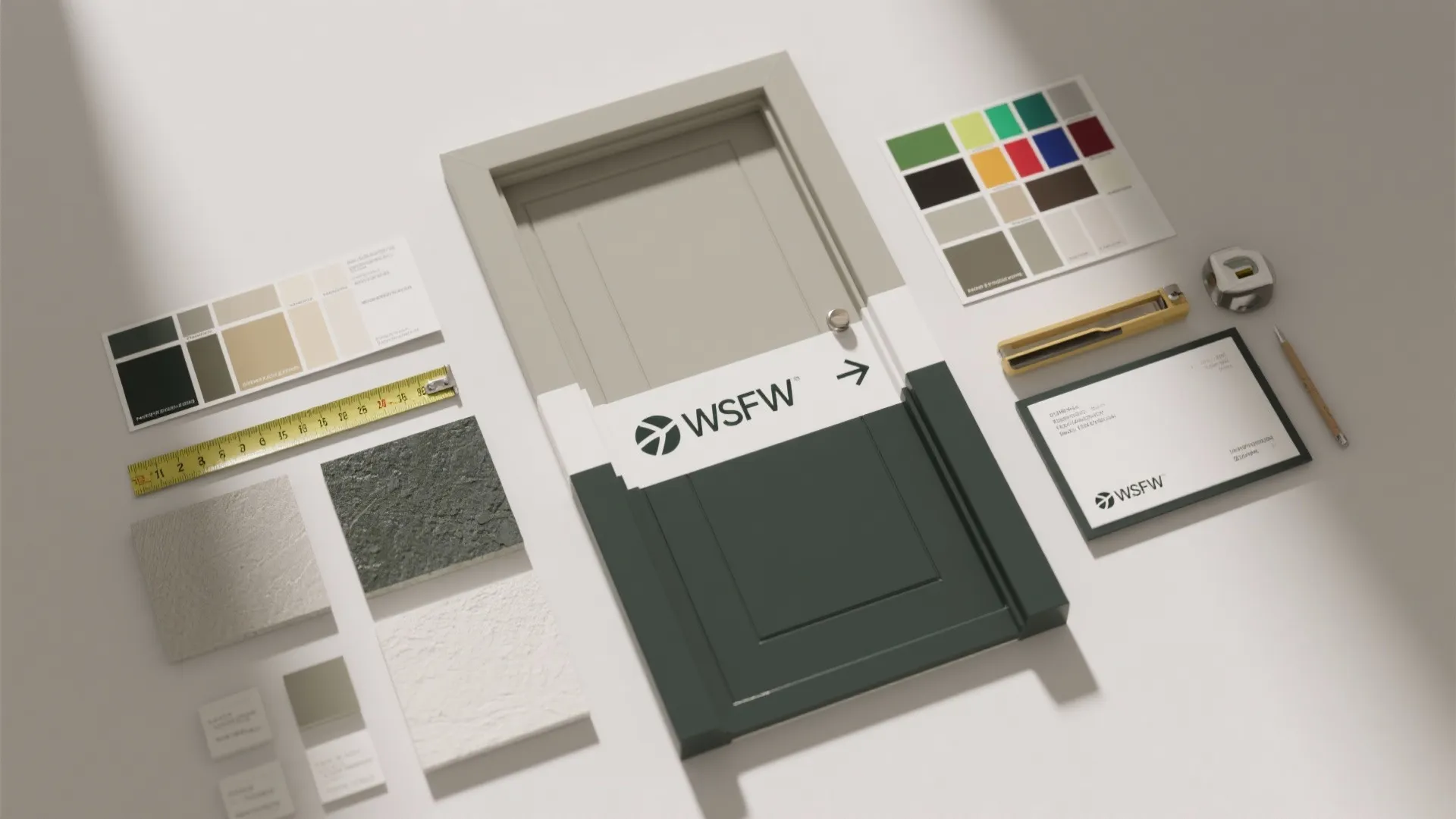 Interior design materials including door sample color palettes stone tiles ruler and pencil on table