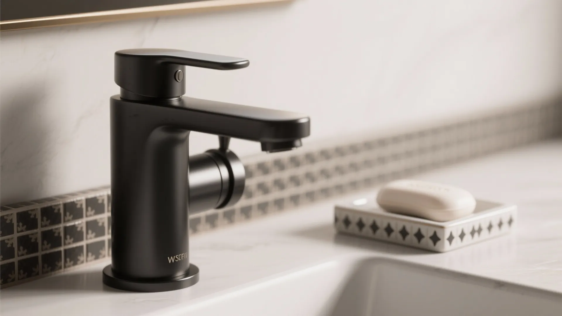 Close-up of matte-black faucet, chrome soap dish, and custom tiny-motif tiles showing texture and finish.