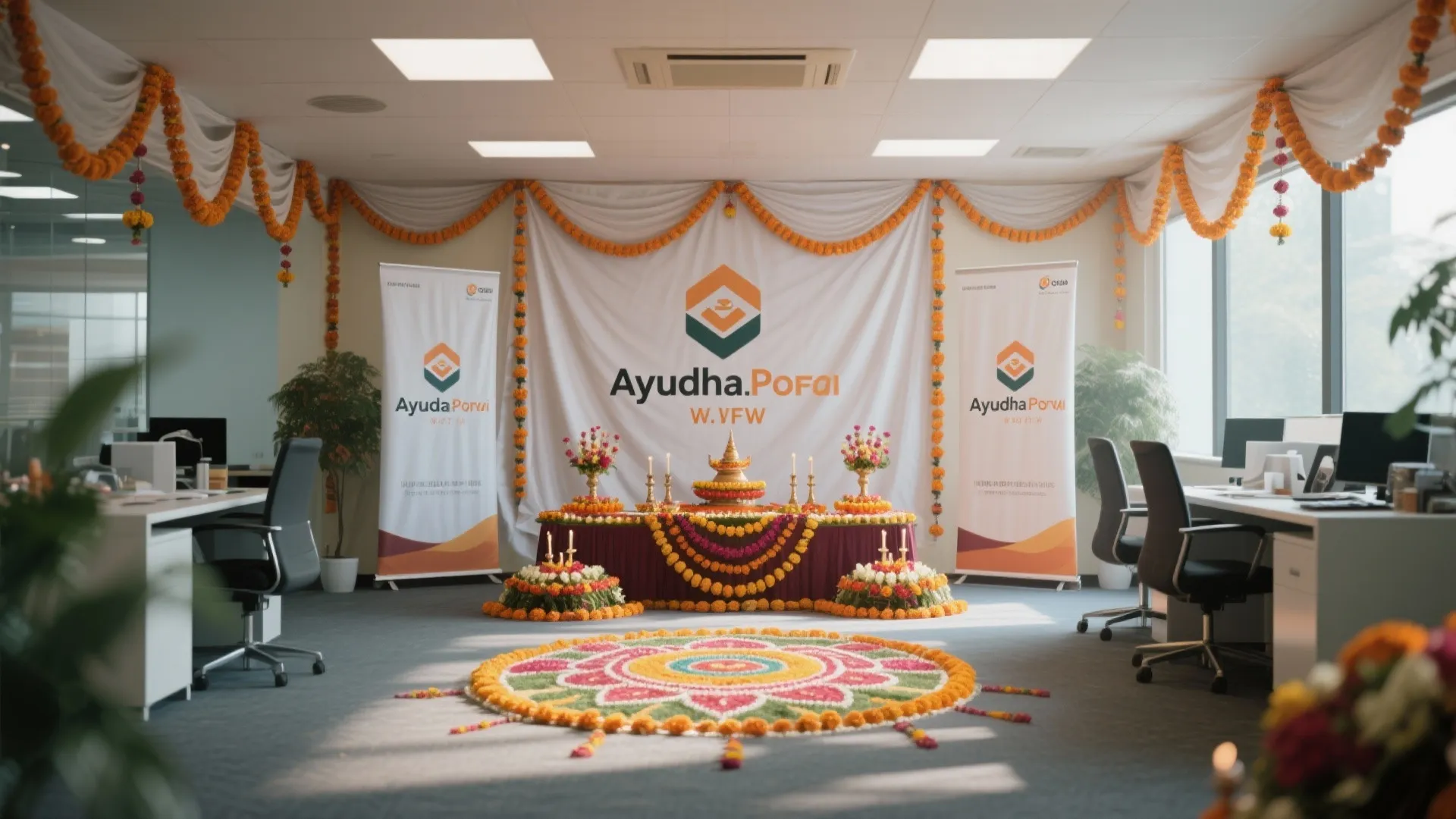 Modern office interior with orange flower garlands white curtains banners and decorated table for festive events