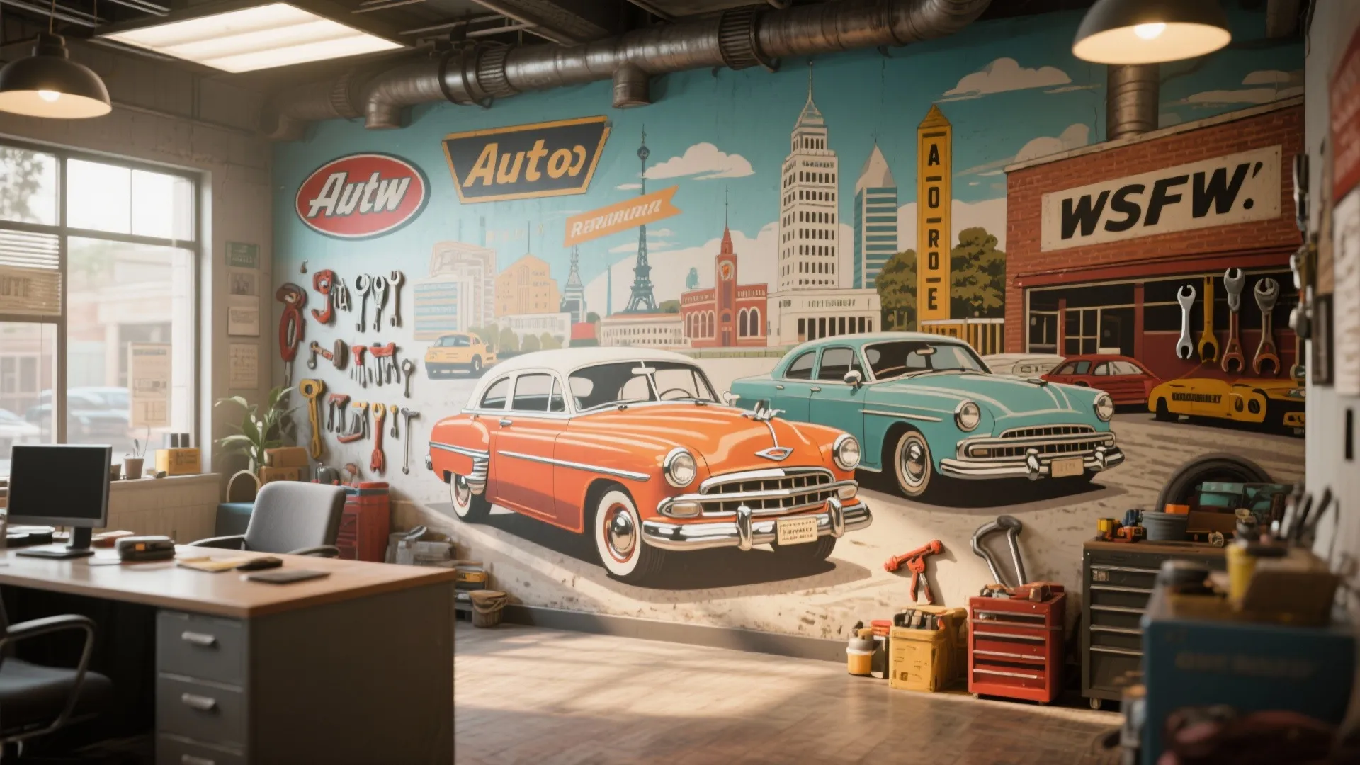 Colorful mural with classic car theme in auto repair office