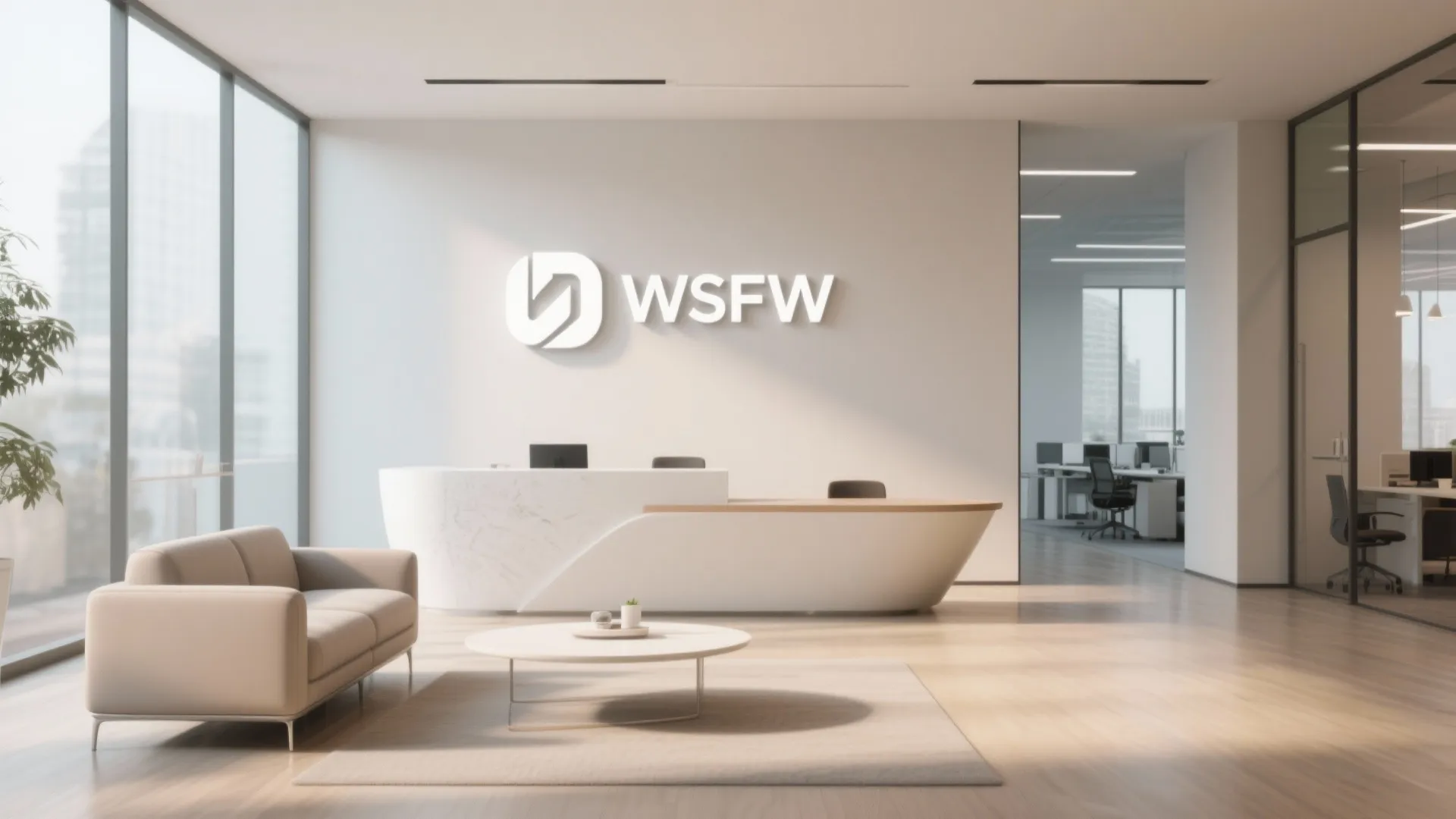 Modern office entry with subtle wall branding and seating