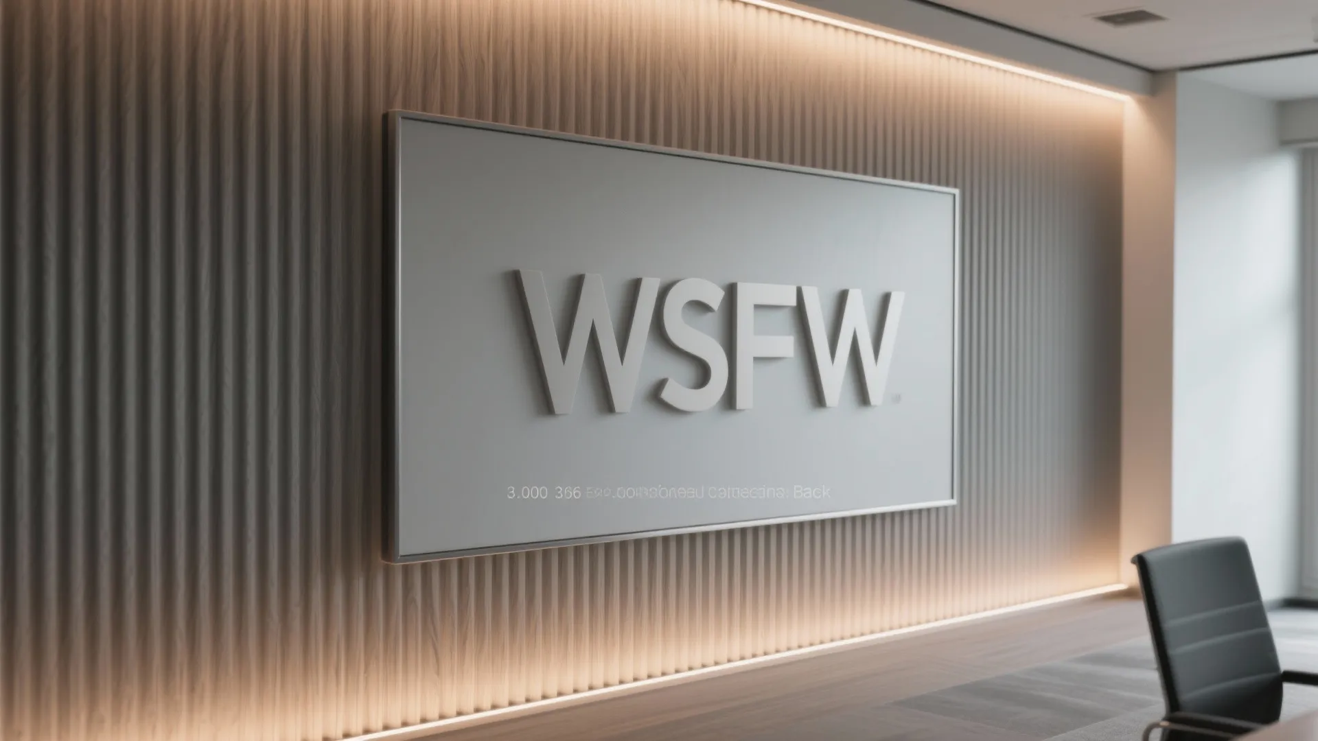 Office interior with vertical wall panels illuminated by warm light and a white logo sign