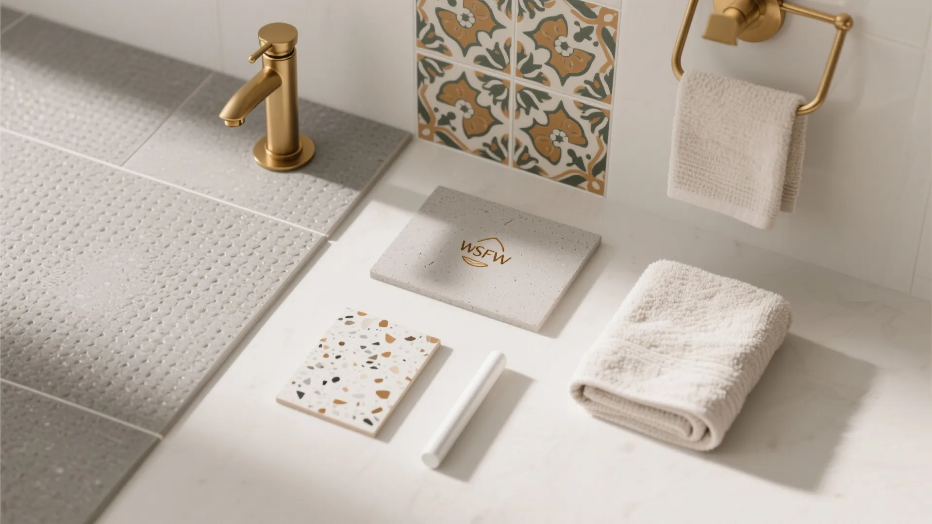 Statement tiles with brass accents and anti-skid floors