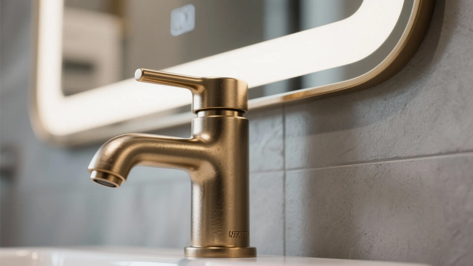 Close up of a gold water tap on white sink with grey wall tiles mirror