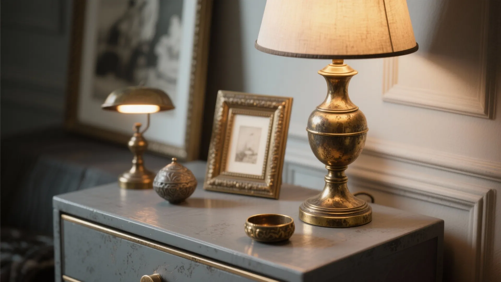 Table lamp with golden base on grey cabinet beside small light picture frame and bowl
