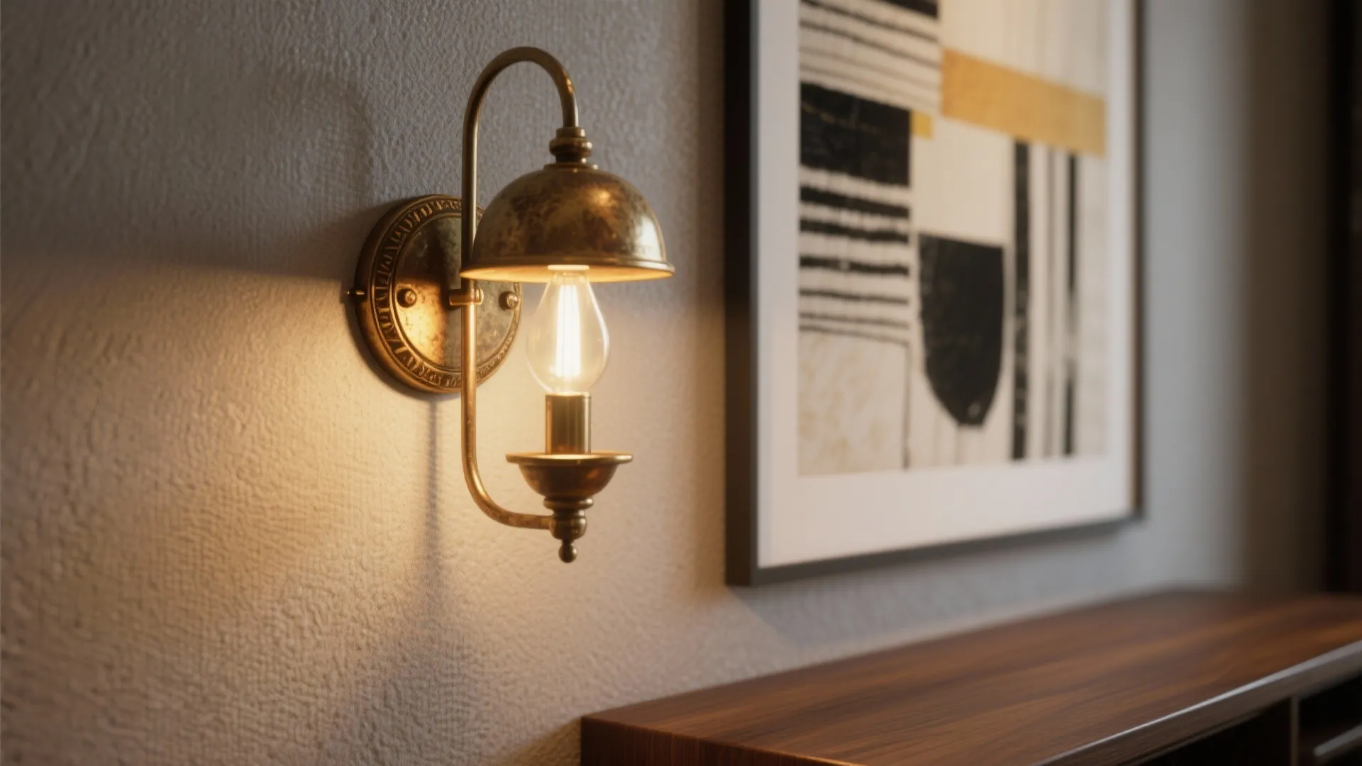 Decorative brass sconce casting warm light over artwork and a wooden console in a boutique setting.
