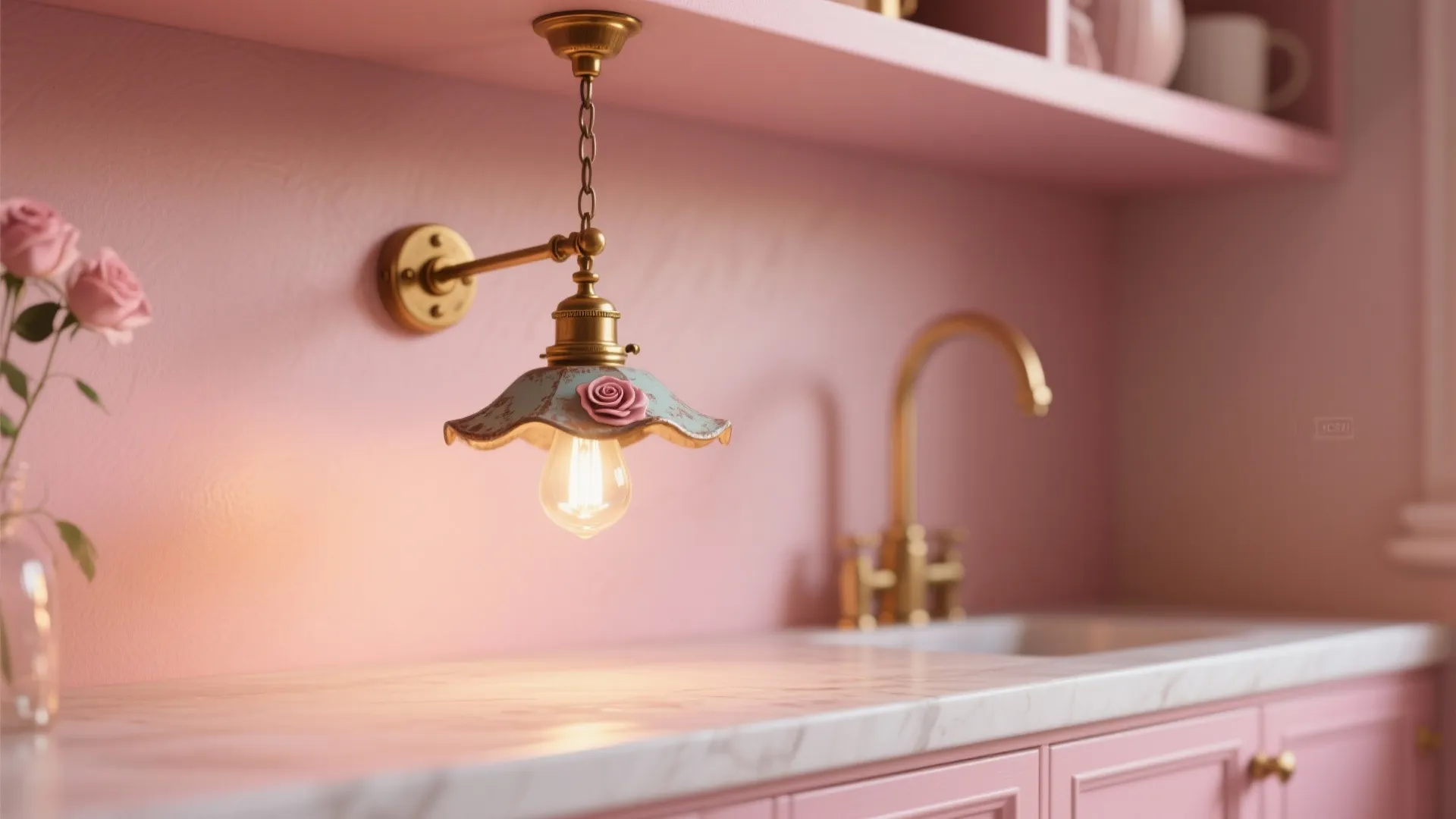 Vintage brass wall light with rose detail over a marble counter in a pink kitchen