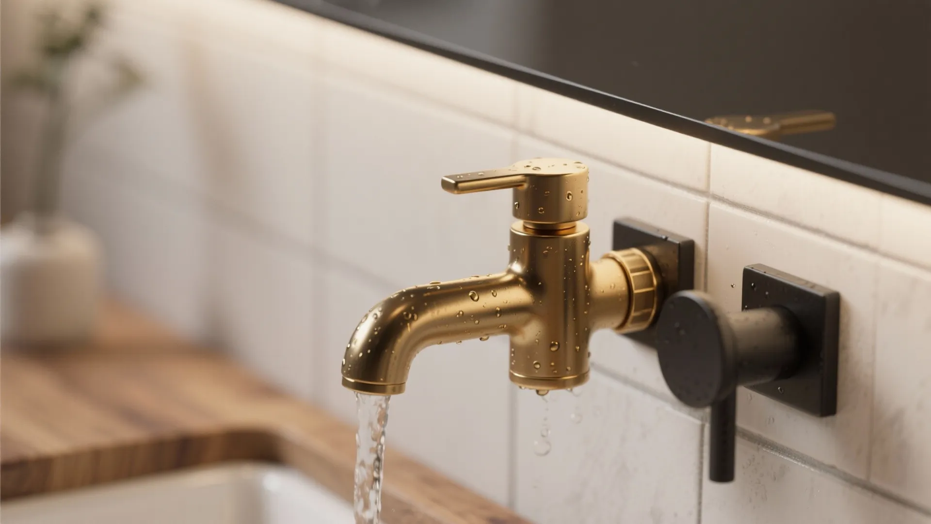 Close up of gold water tap with running water and black handles on white tiles