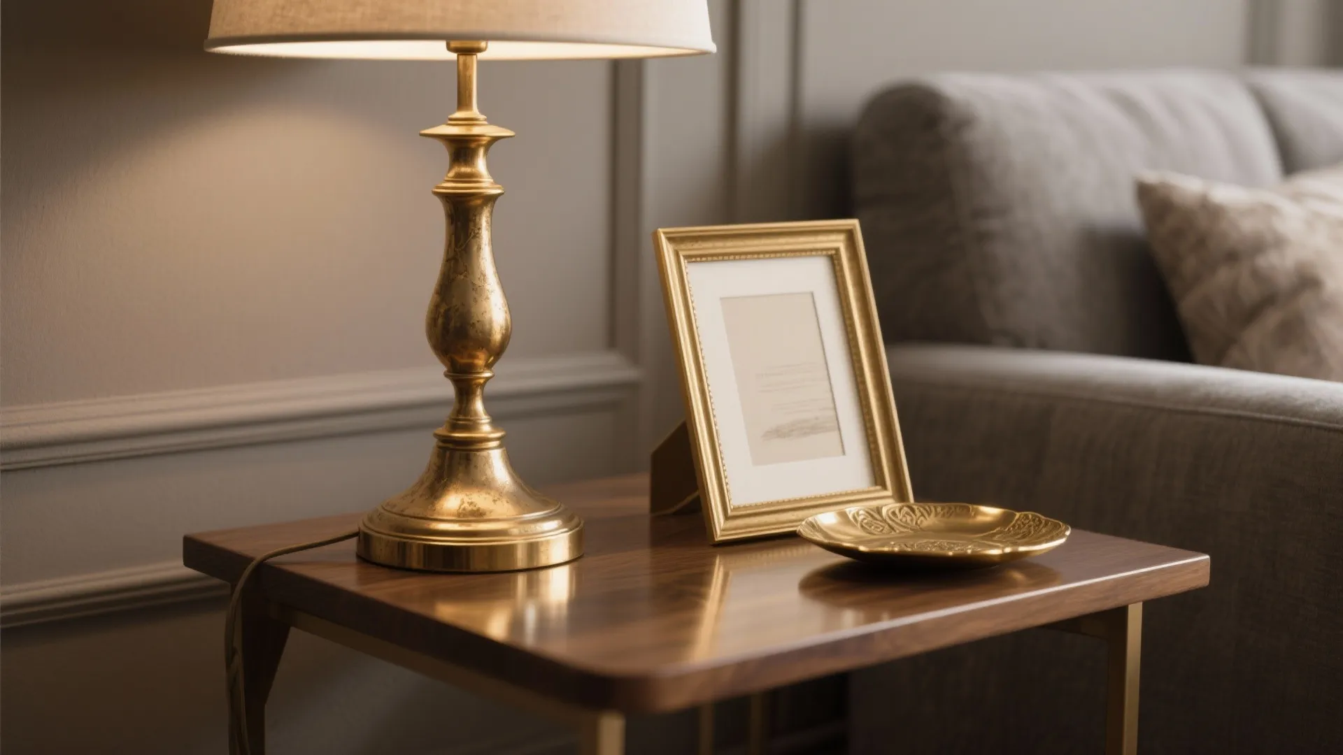 Brass lamp and muted gold frame adding warmth to a taupe and gray interior