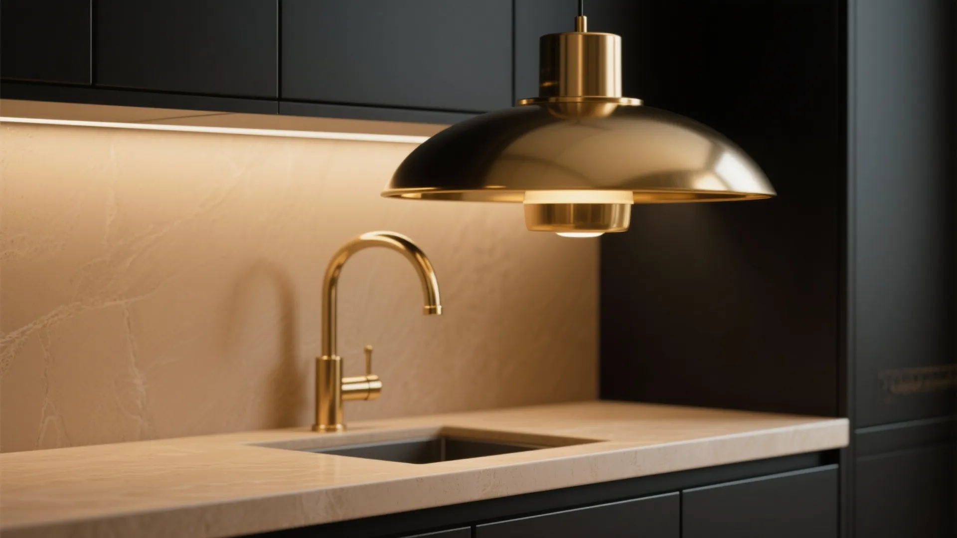 Gold kitchen faucet and gold ceiling light over a marble countertop with dark matte black cabinets