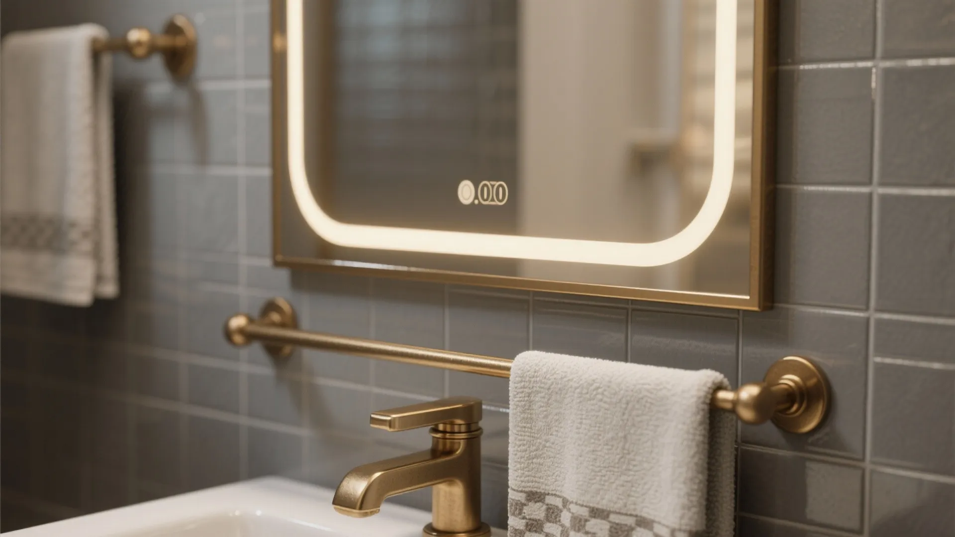 Close up of gold faucet and towel rack with lit mirror above a white sink
