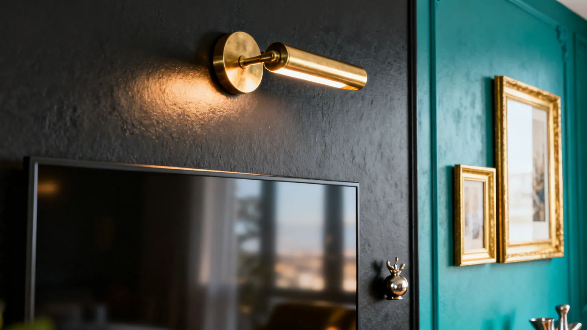 Brass sconce and gold frames warming a charcoal and teal interior