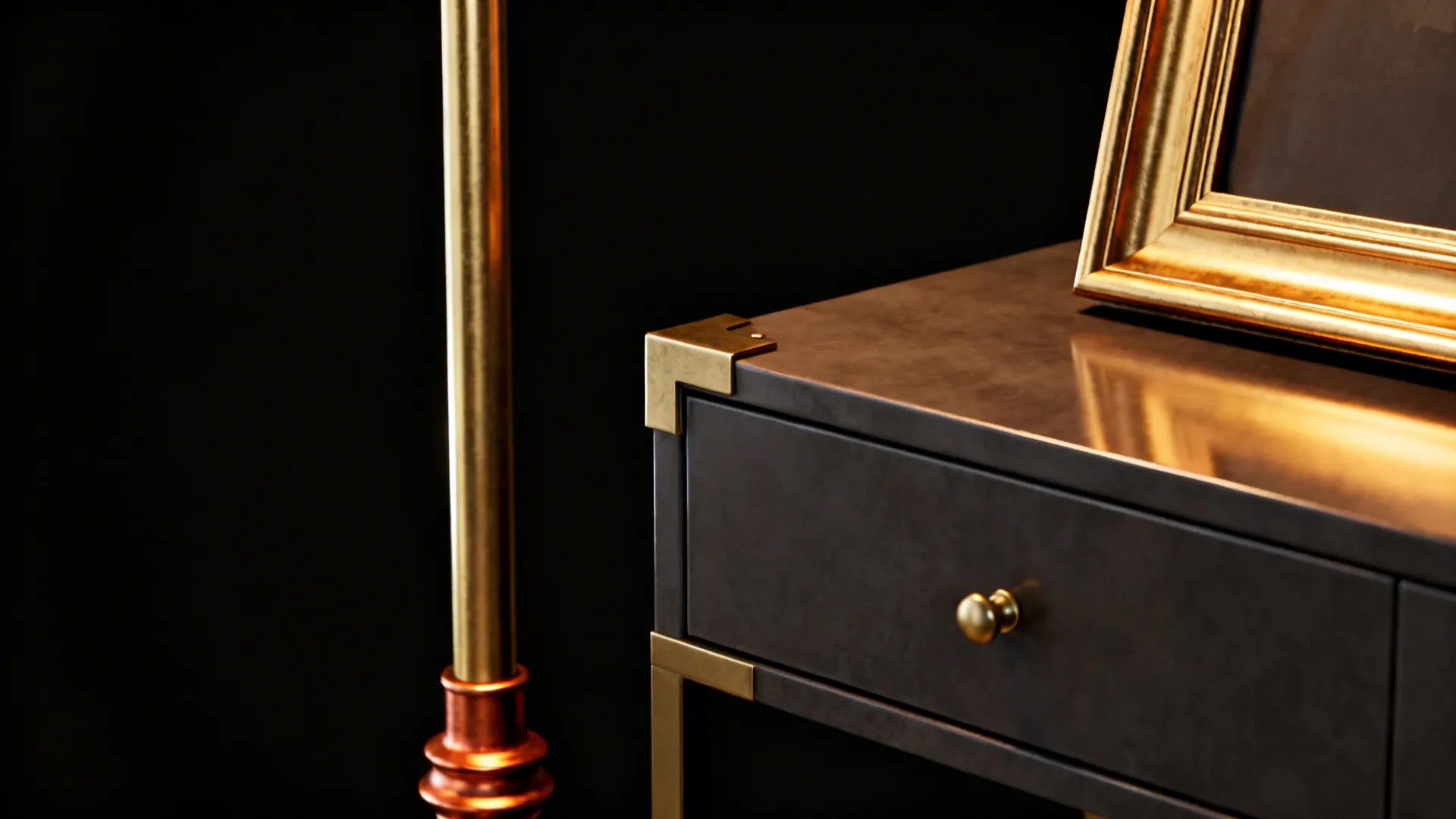 Brass floor lamp base and brushed-gold frame details adding warmth to a dark room.