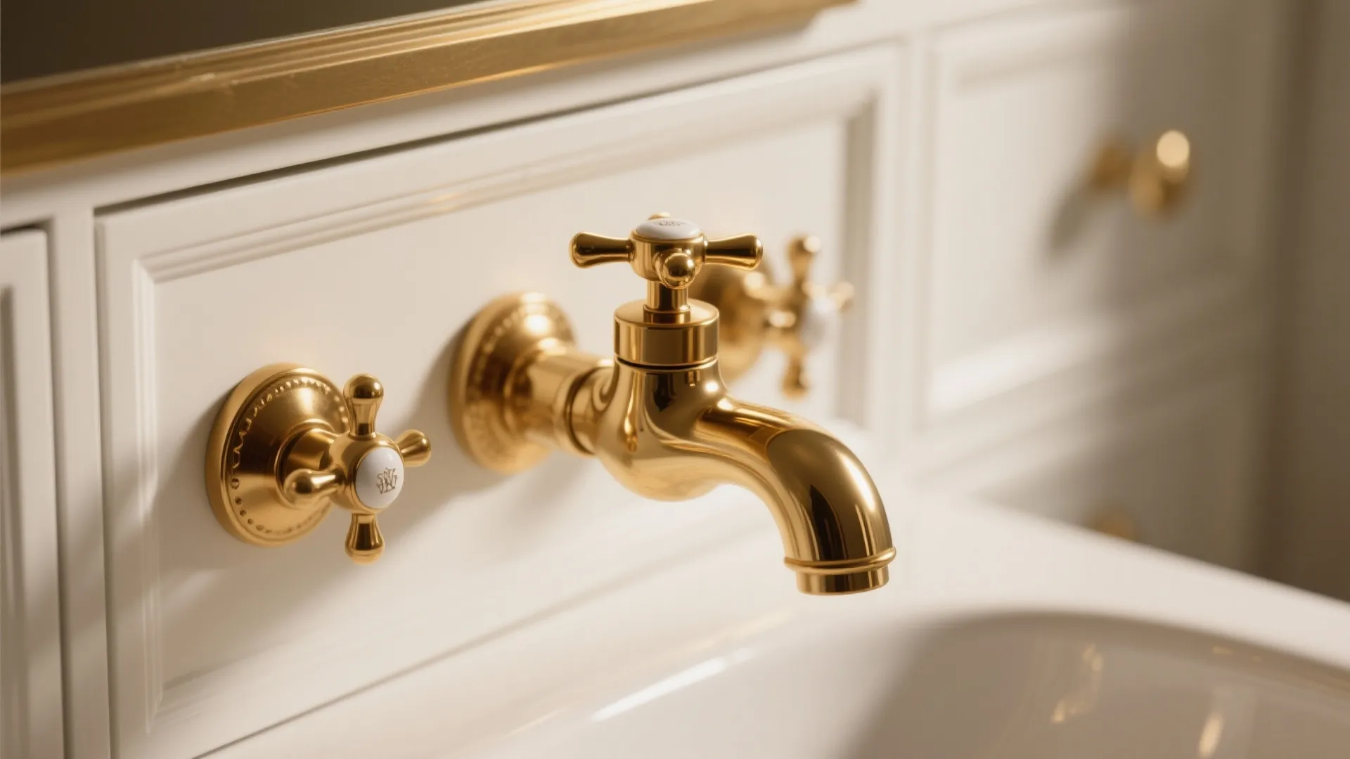 Brass faucet and knobs on white bathroom cabinets