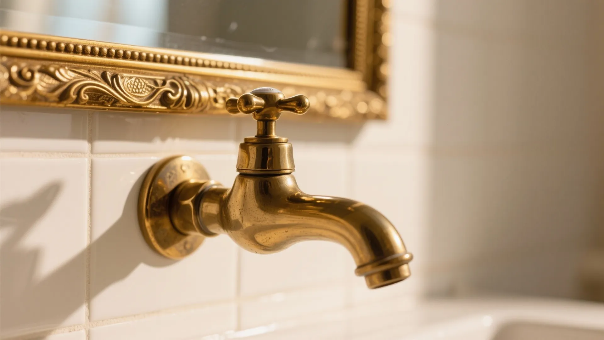 Vintage brass water tap on white wall tiles below a gold frame mirror in bathroom