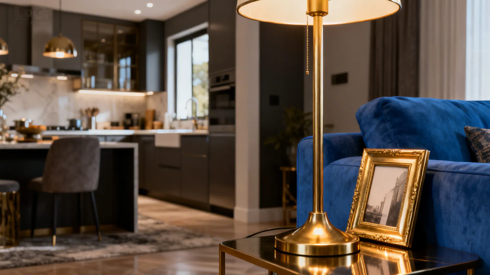 Gold table lamp and picture frame on side table next to blue sofa and kitchen
