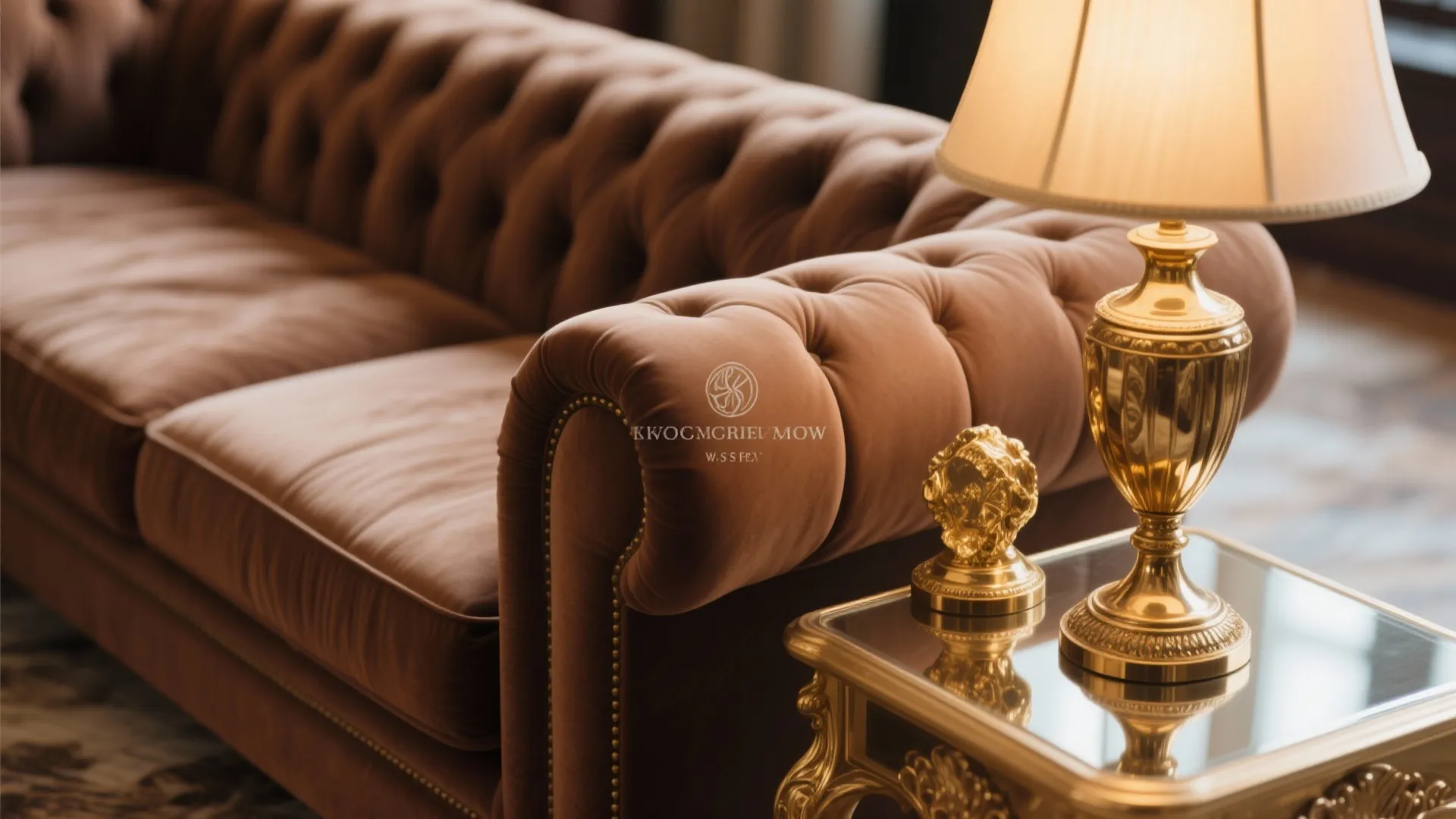 Close-up of brown sofa with brass lamp and gold decor accents