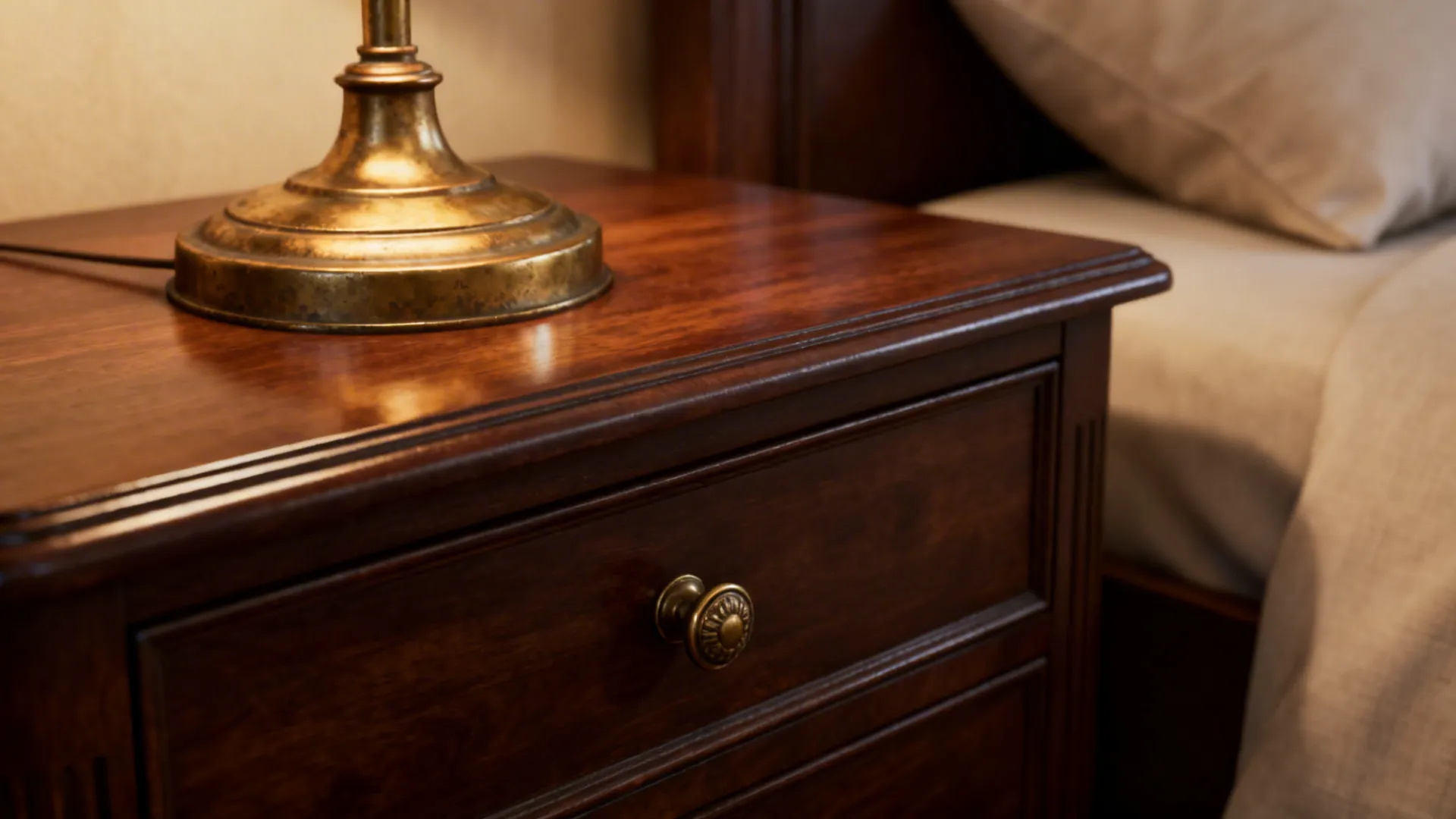 Aged brass lamp and drawer pull on dark walnut furniture in warm light