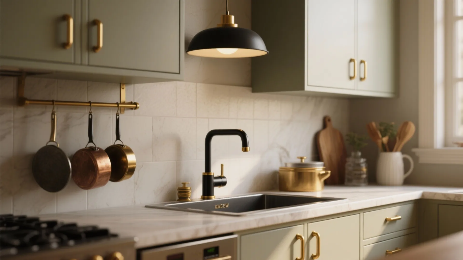 Kitchen scheme with repeated brass accents and a black-and-brass faucet anchoring the palette.