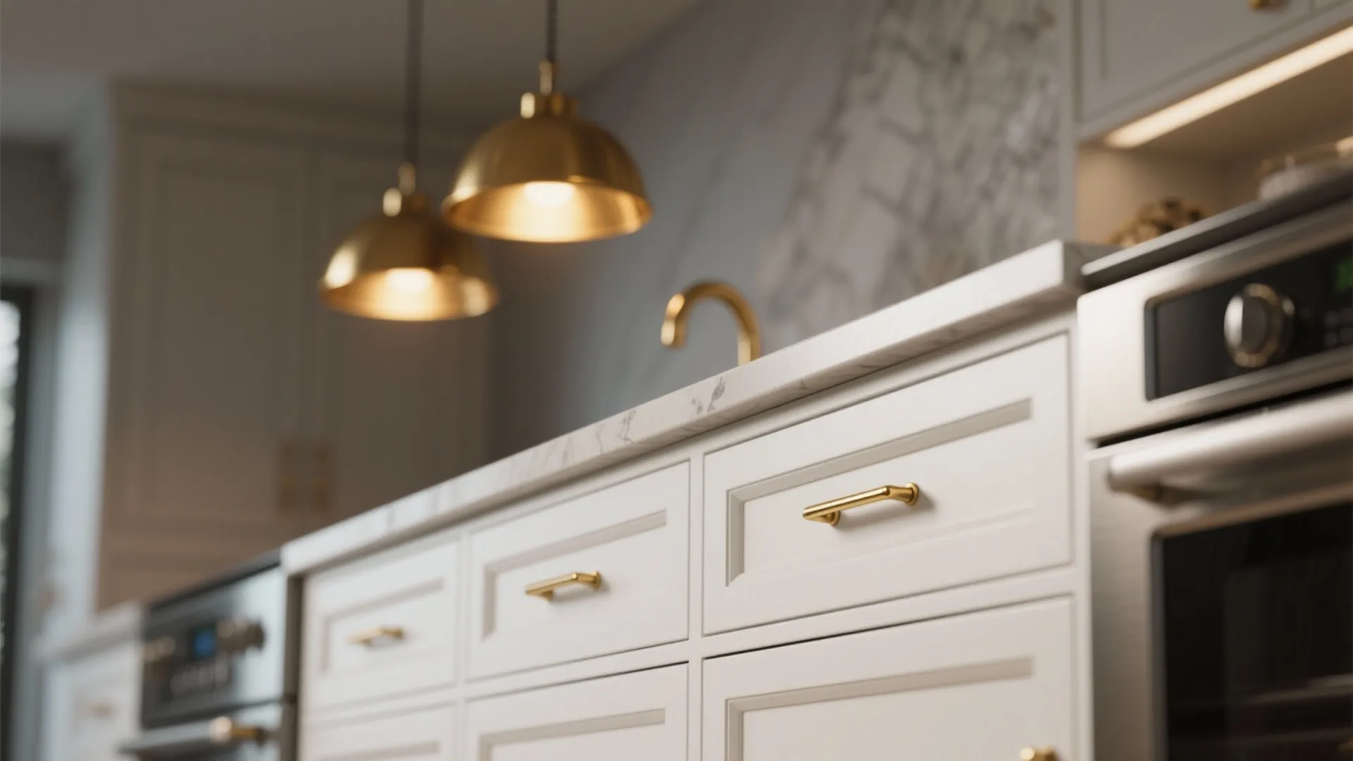 Close up of white kitchen cabinet drawers with gold handles and marble countertop and ceiling light