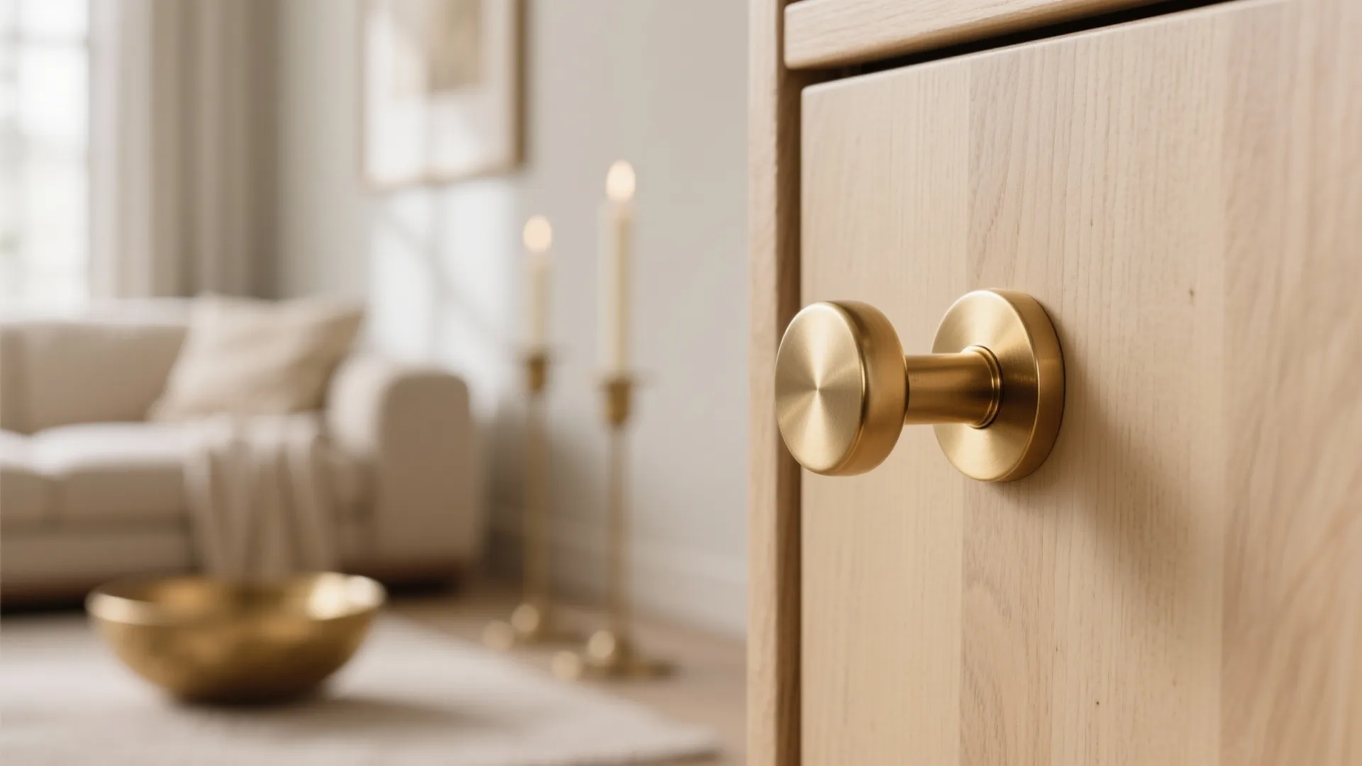 Macro of brushed brass cabinet pull with soft daylight and subtle candleholder glow in the background.