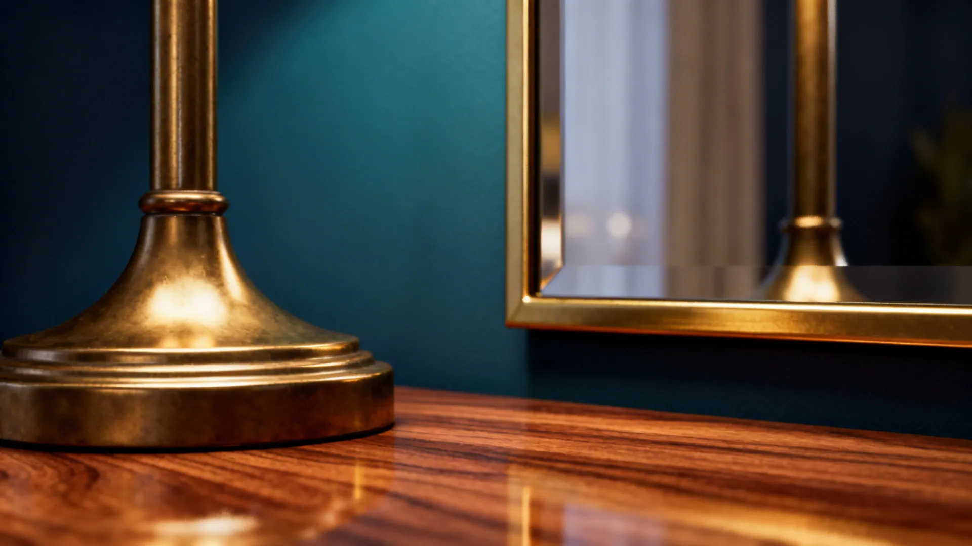 Close-up of brass lamp base and mirror frame with walnut table and navy-teal background