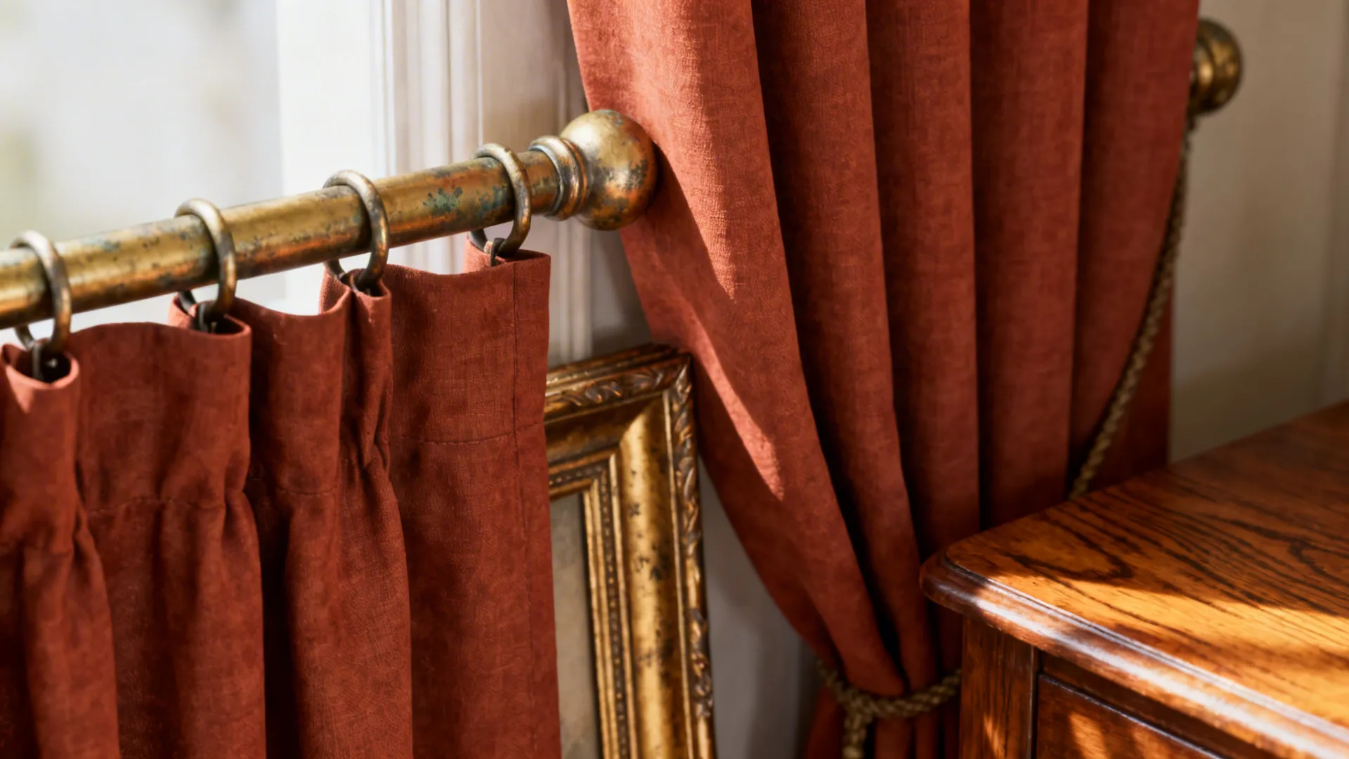 Brass curtain rod and aged gold frame near rust curtains for balanced metallic accents.