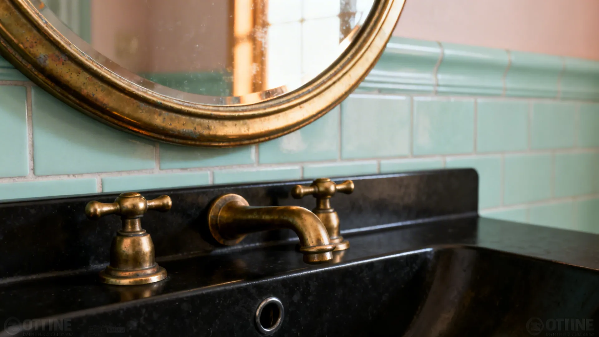 Brass handles and vintage mirror on a black vanity with soft mint tiles in the background.