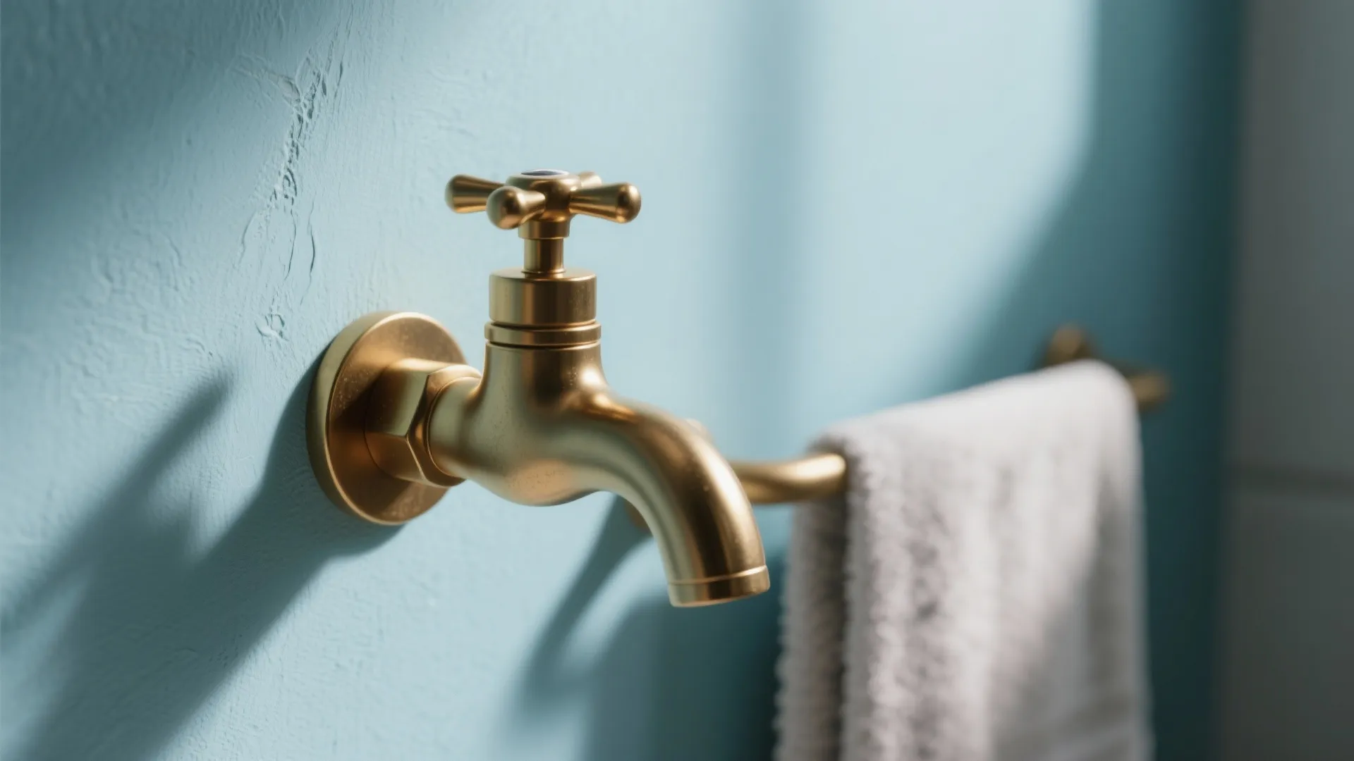 Close up view of a brass water tap mounted on light blue wall with white towel