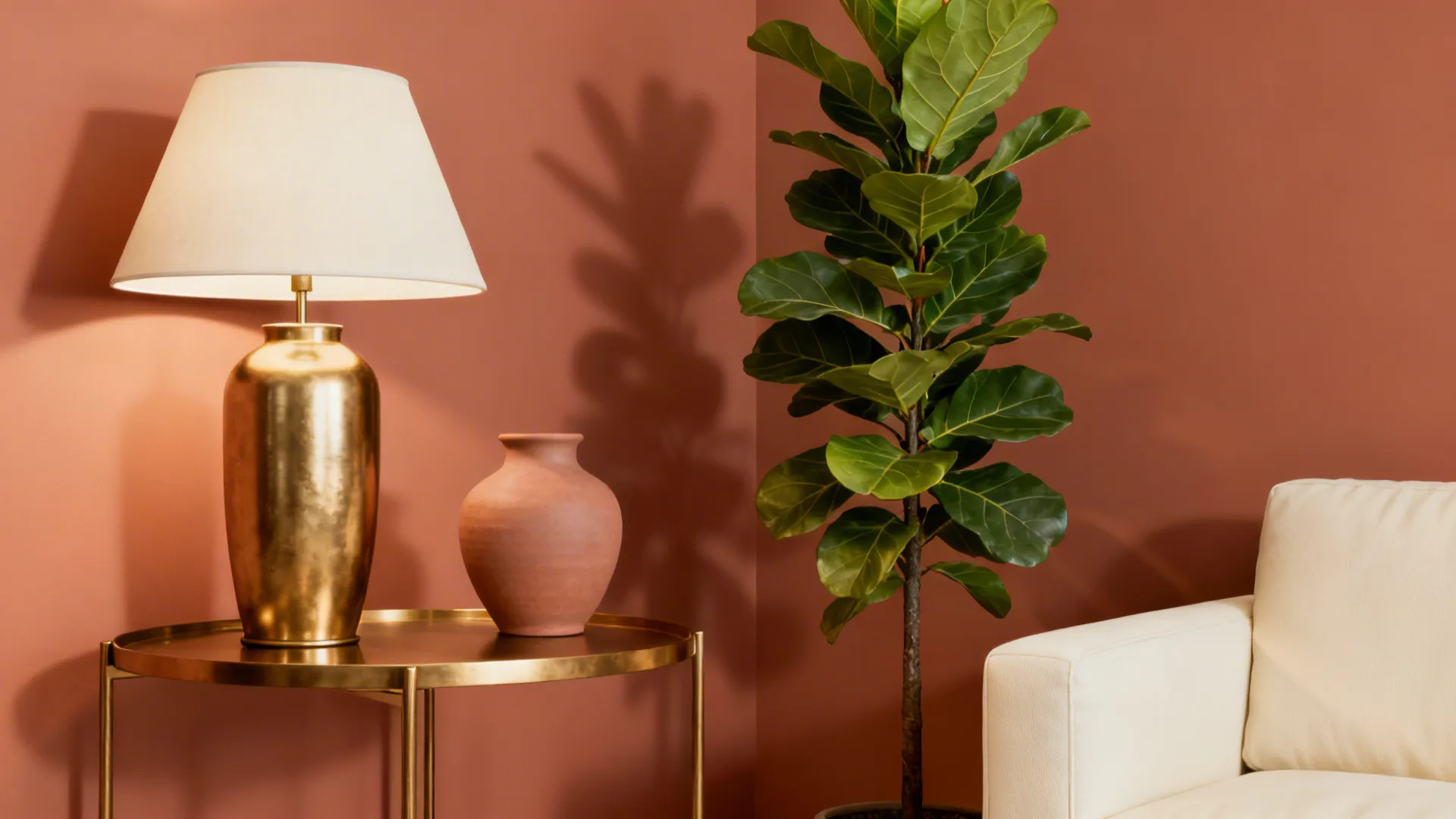 Brass side table and lamp beside a tall fiddle leaf fig in a cream living room