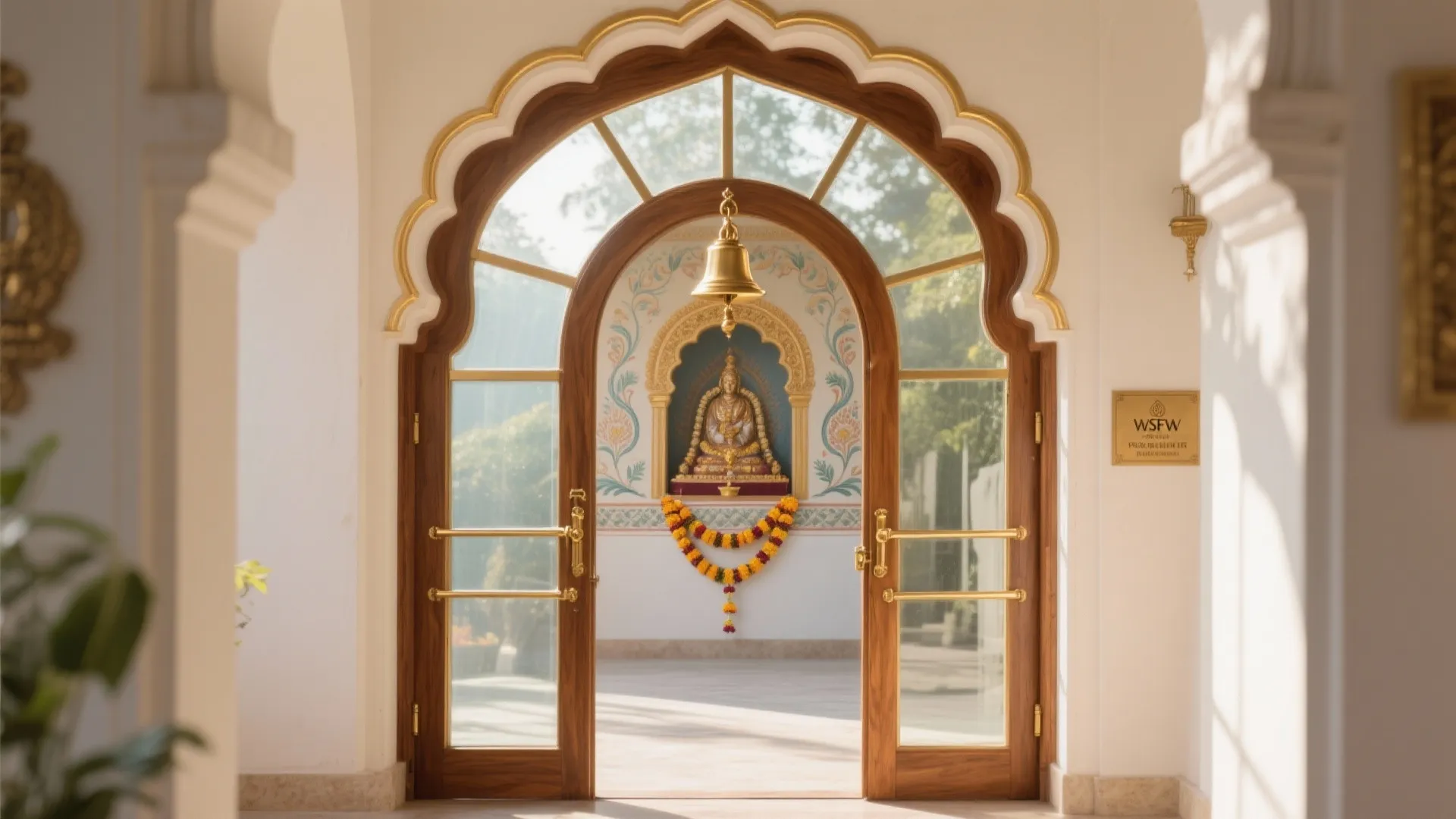 Arched wooden glass door opening to a prayer room with a golden bell and statue